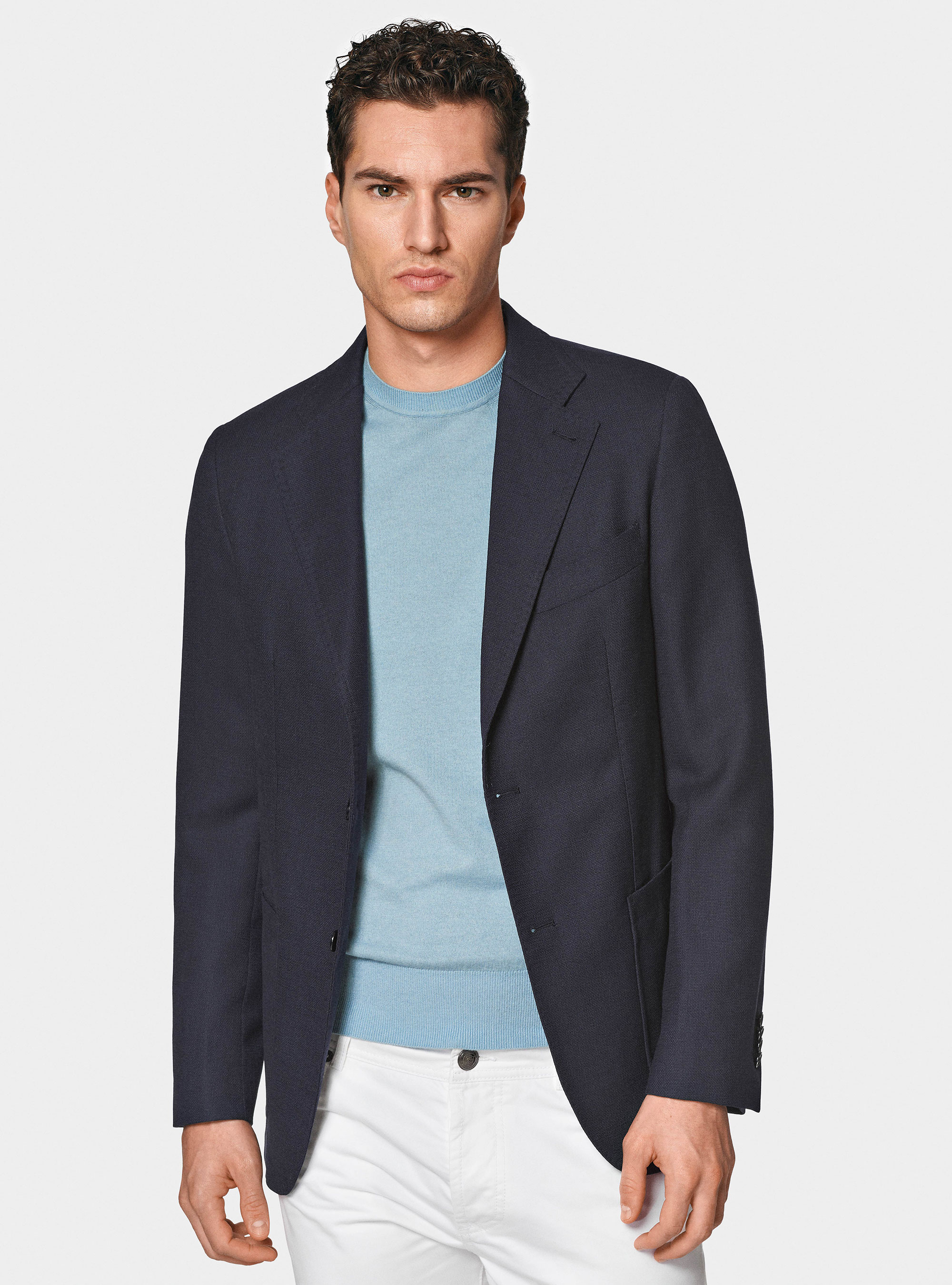 Micro-textured pure wool blazer, NAVY BLUE