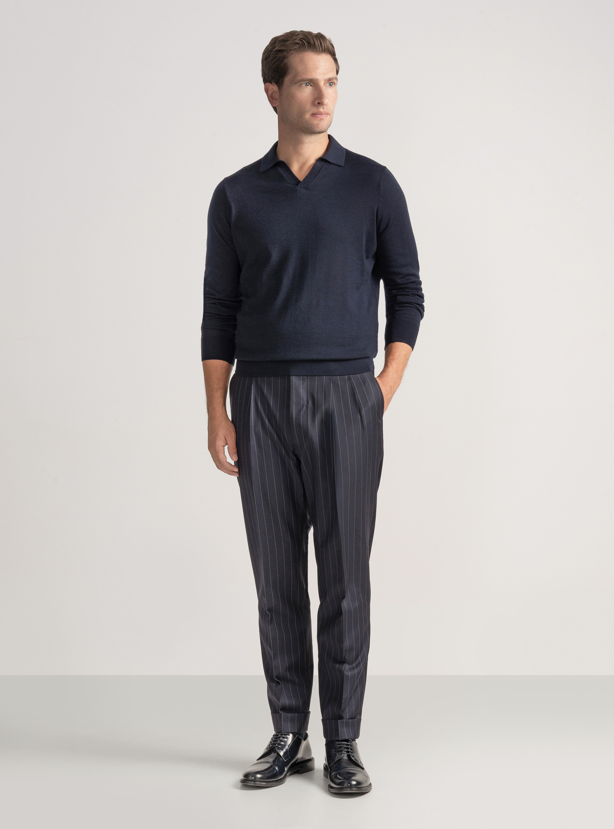 Polo in maglia senza bottoni in lana merino, BLU NAVY
