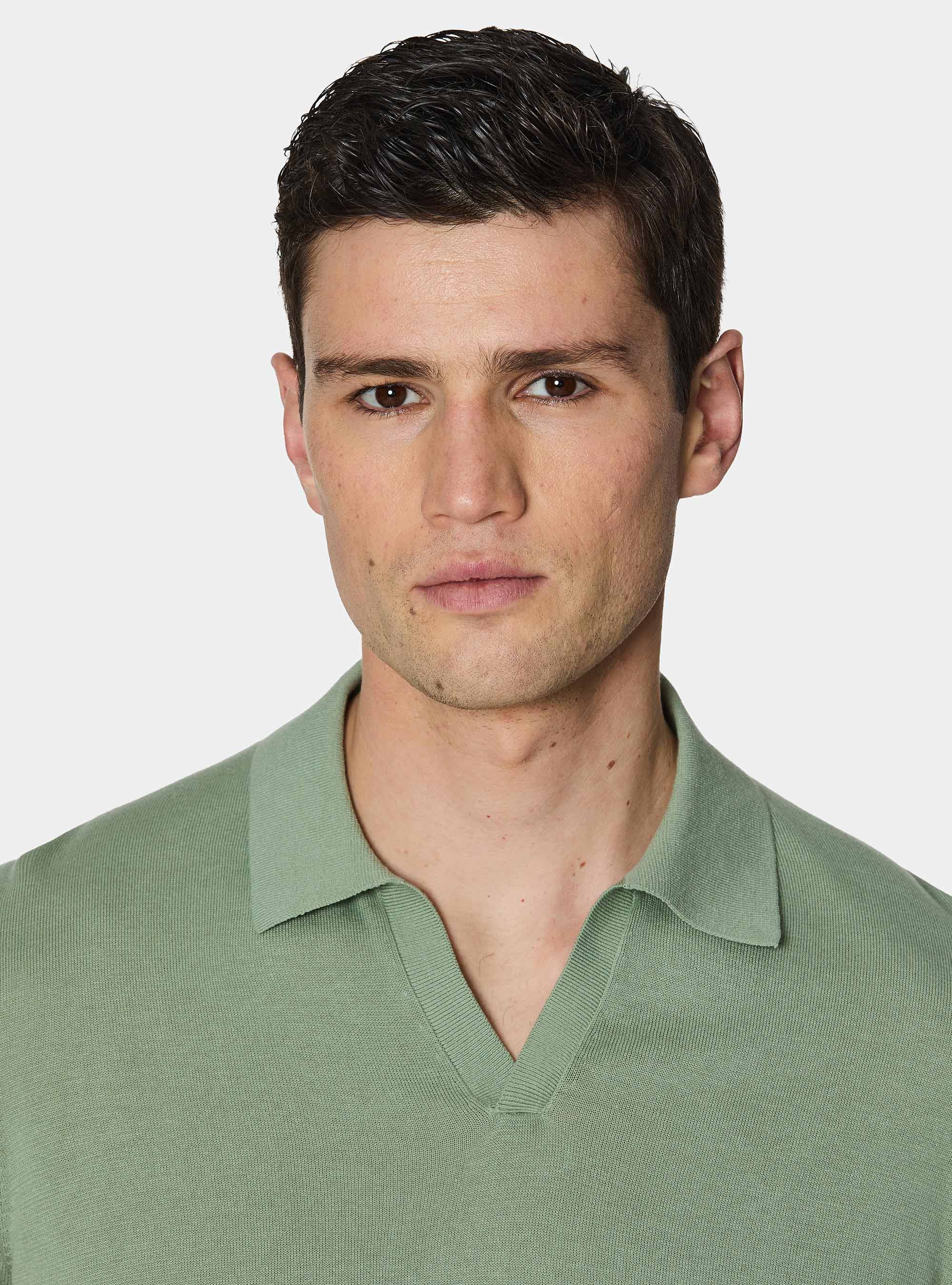 Buttonless knitted polo shirt in extra-fine cotton, SALVIA 0602C