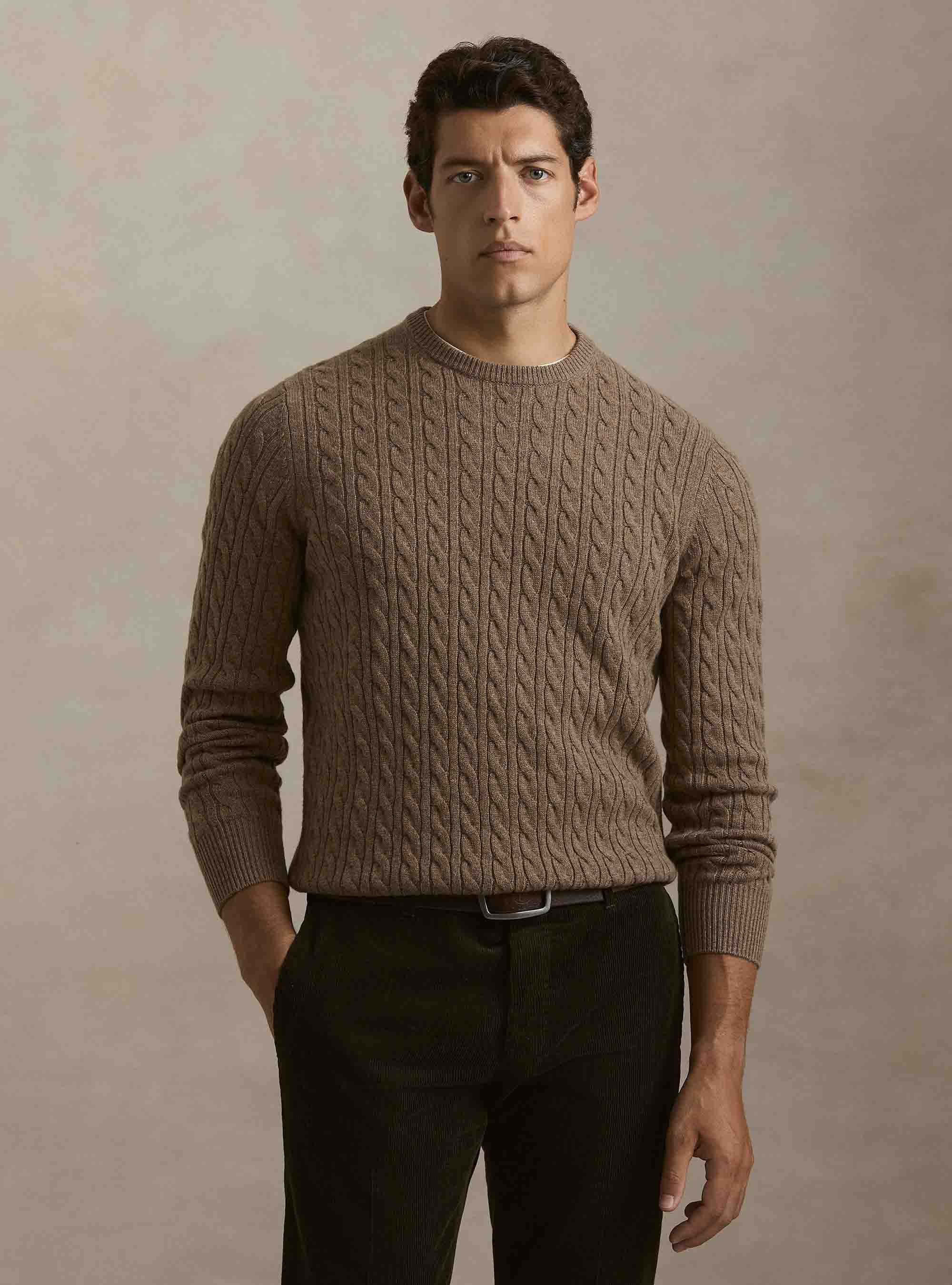 Girocollo in maglia con treccia in lana cashmere, FANGO