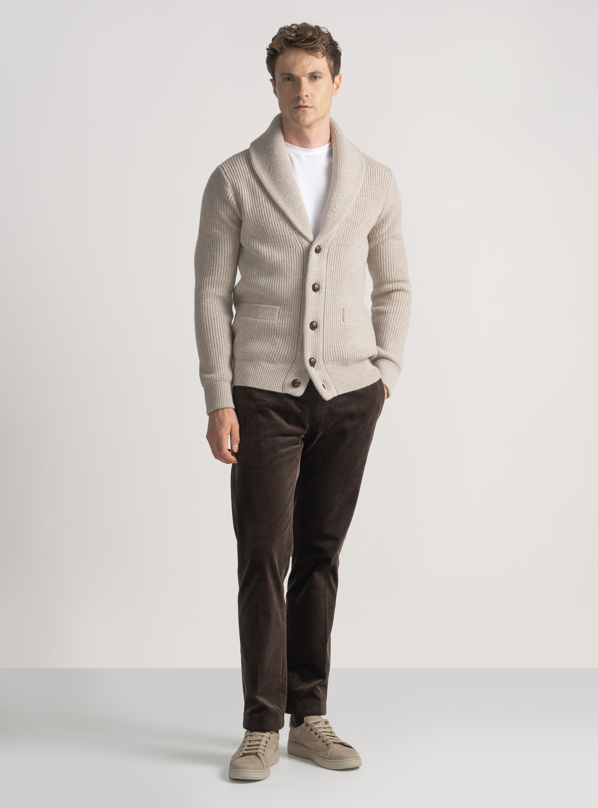 Merino wool shawl knit cardigan, ECRU