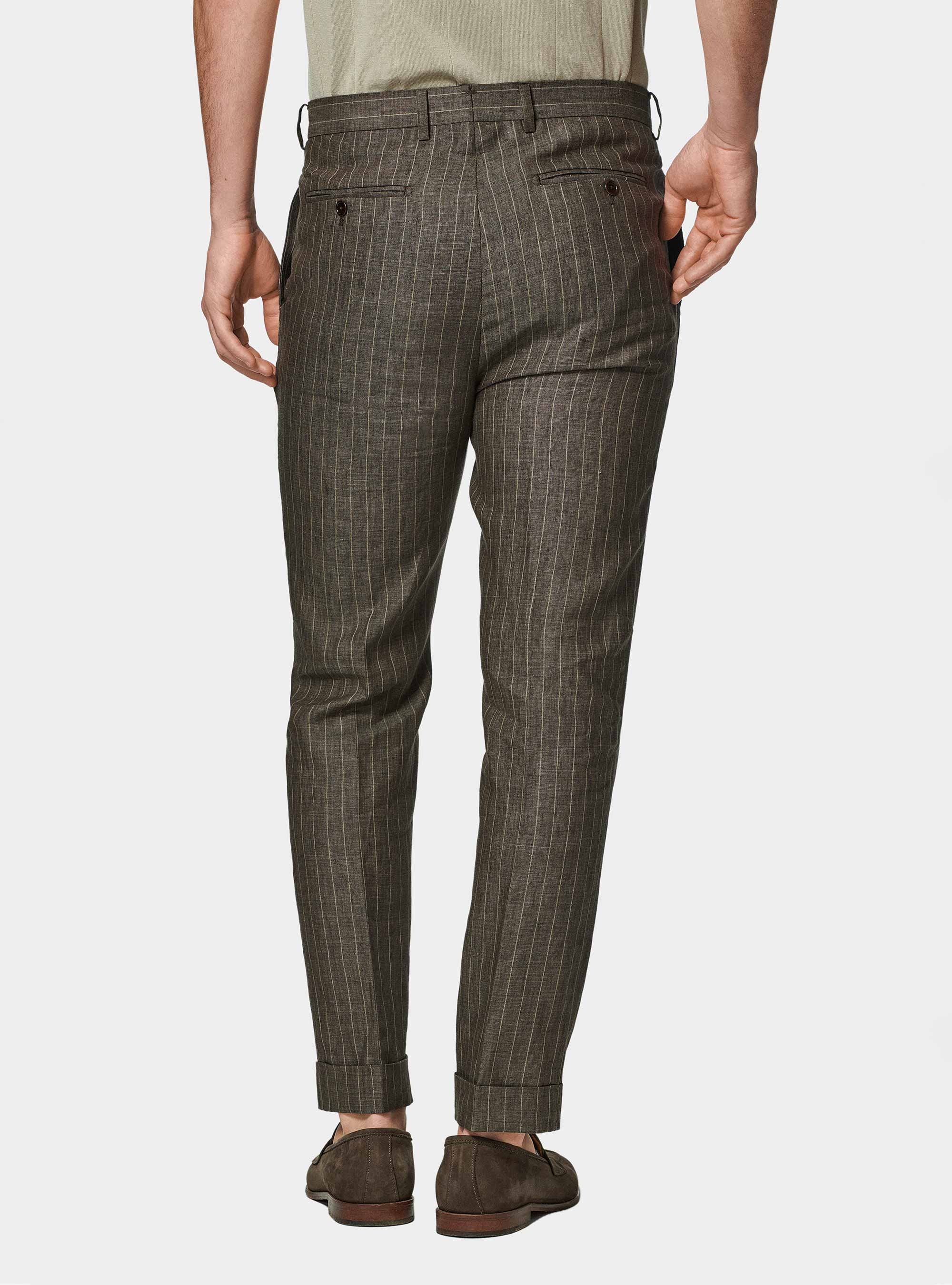 Double-breasted pinstripe suit trousers in delav&eacute; linen, BROWN