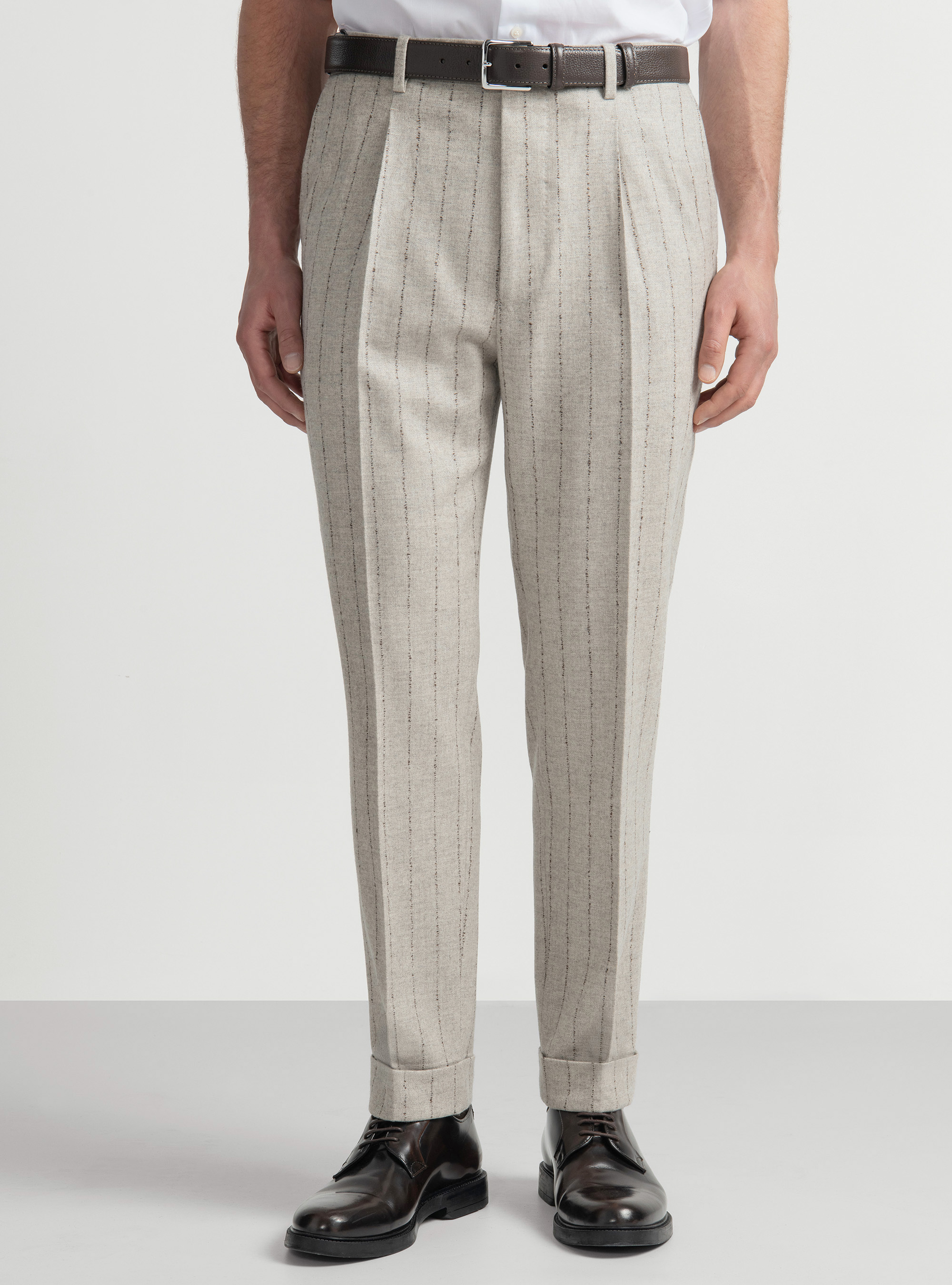 Cashmere wool pinstripe suit trousers, ECRU