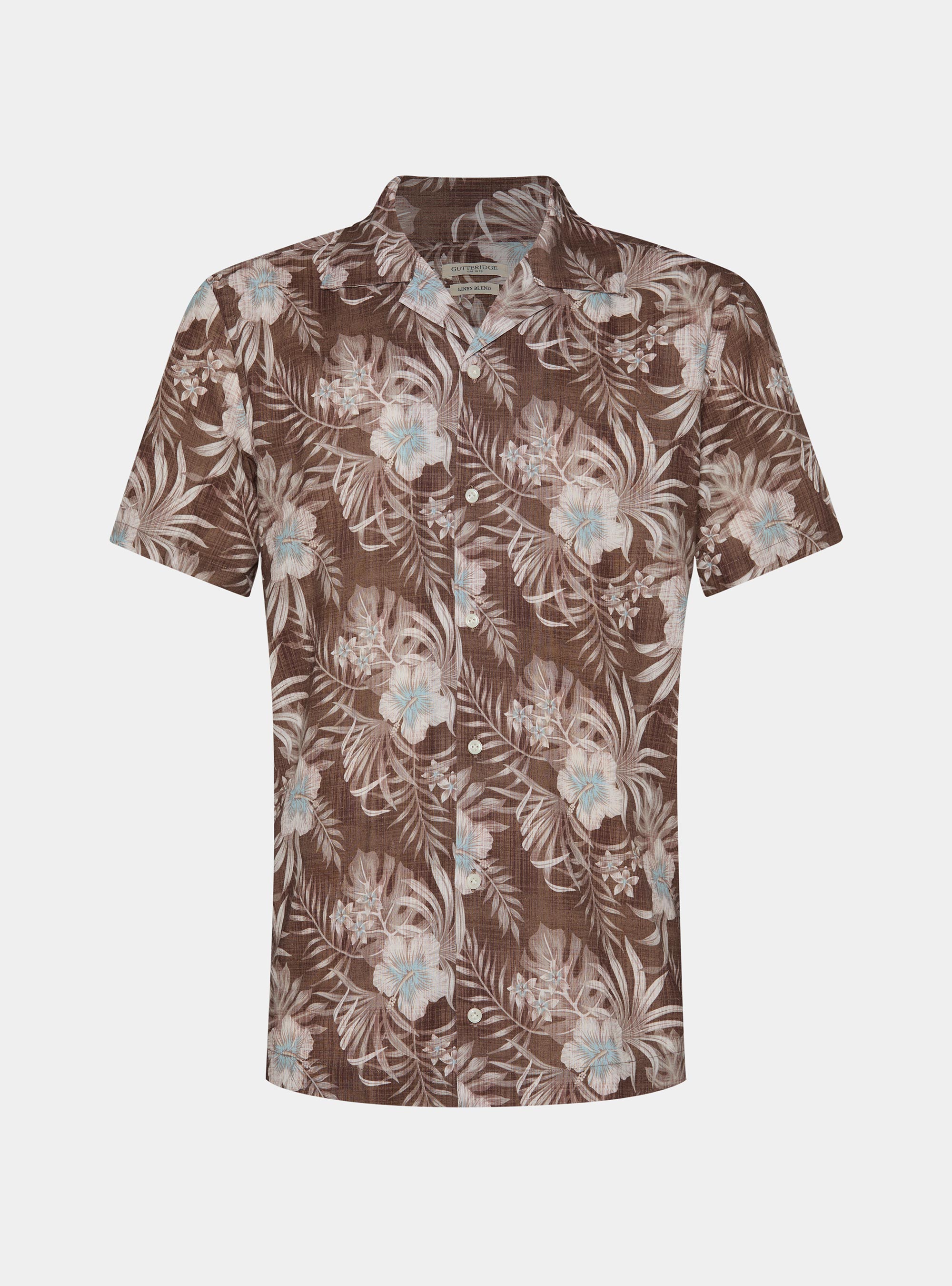 Camicia bowling in lino e cotone stampato, MARRONE