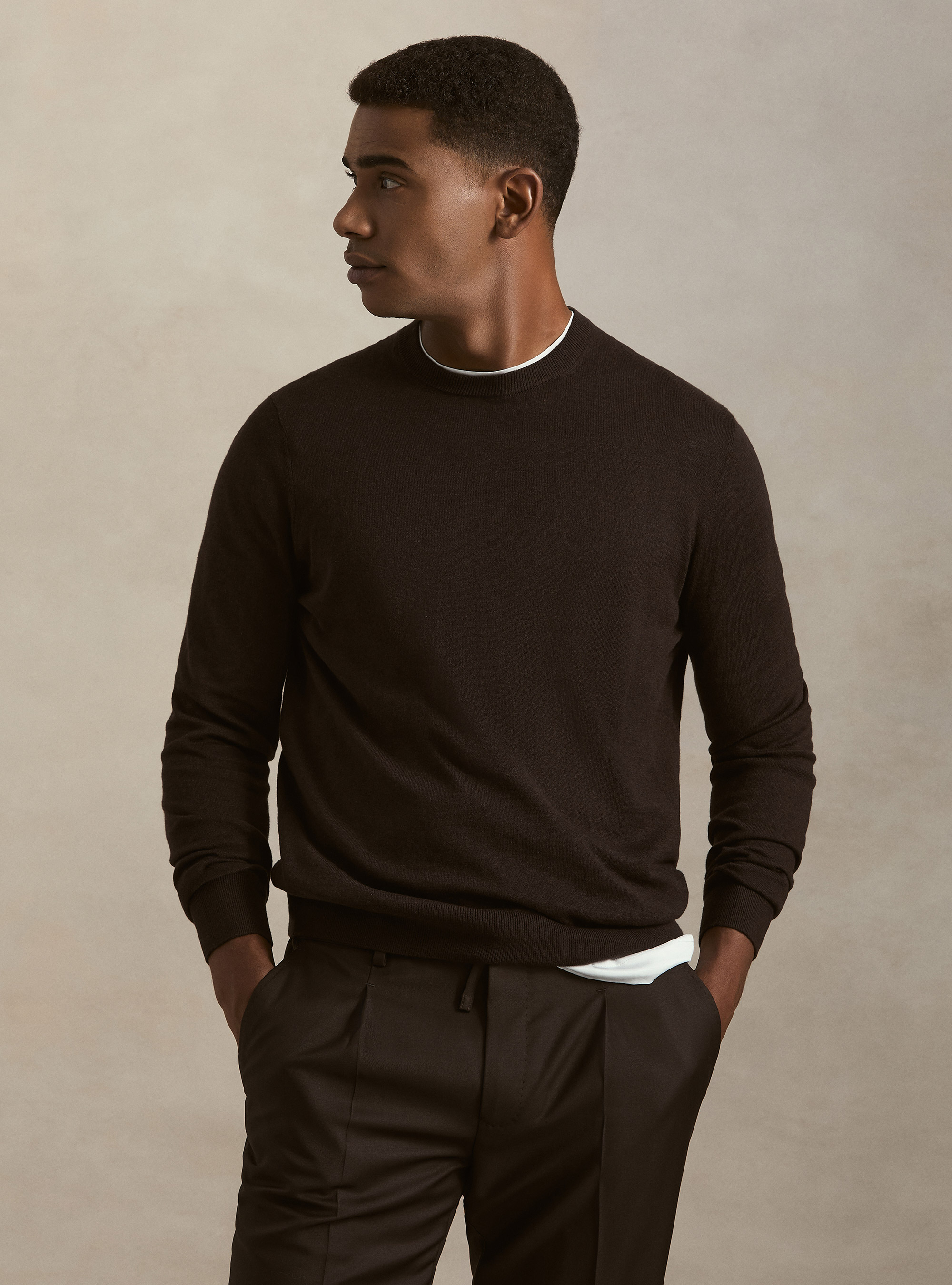 Cotton, silk and cashmere blend crewneck sweater, BROWN