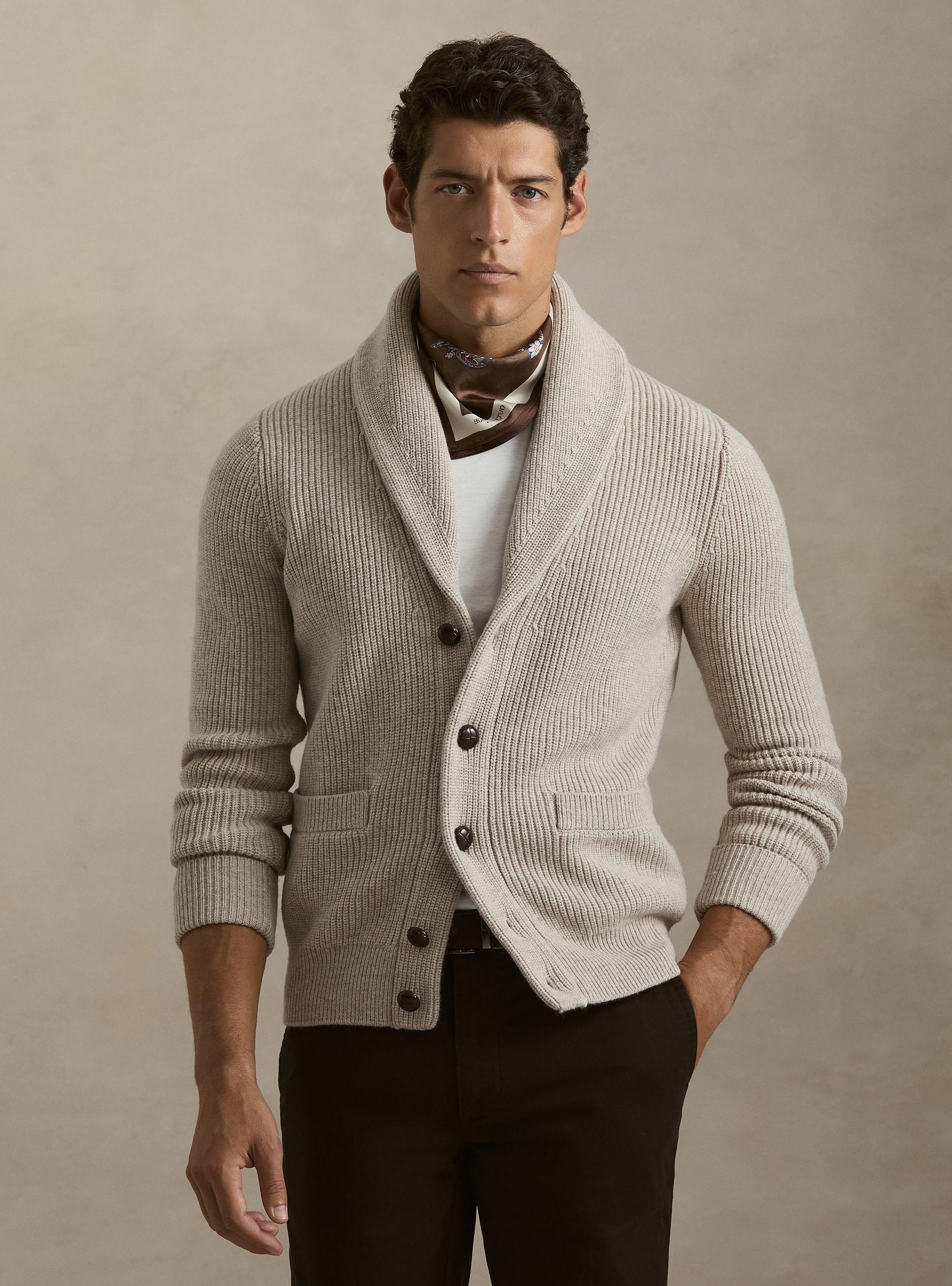 Merino wool shawl collar cardigan, ECRU