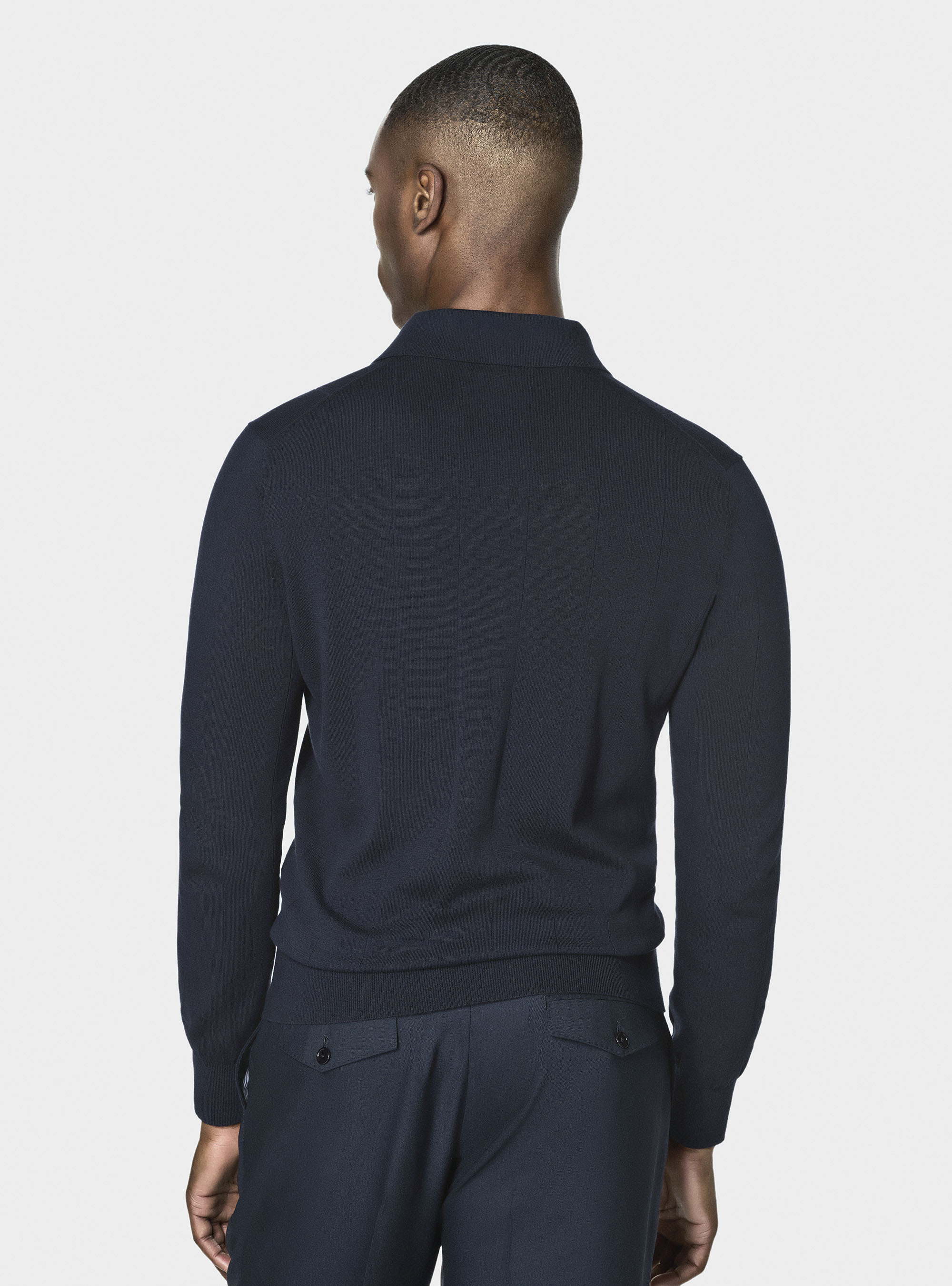 Long-sleeved knit polo shirt, NAVY BLUE