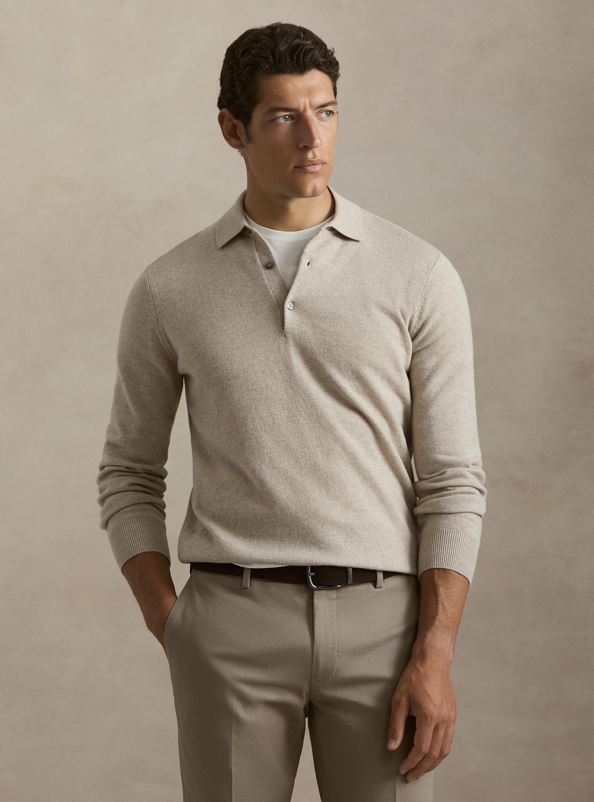 Wool and cashmere knitted polo, ECRU