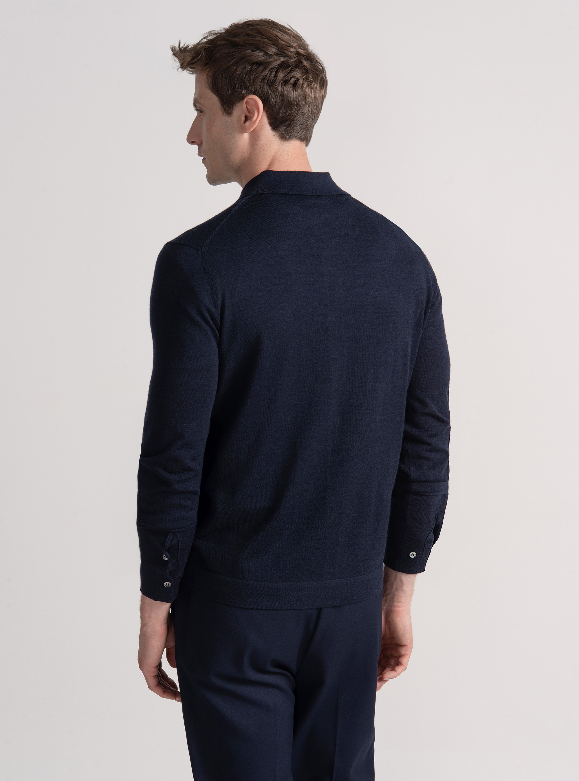 Extra-fine merino wool knit polo shirt, NAVY BLUE