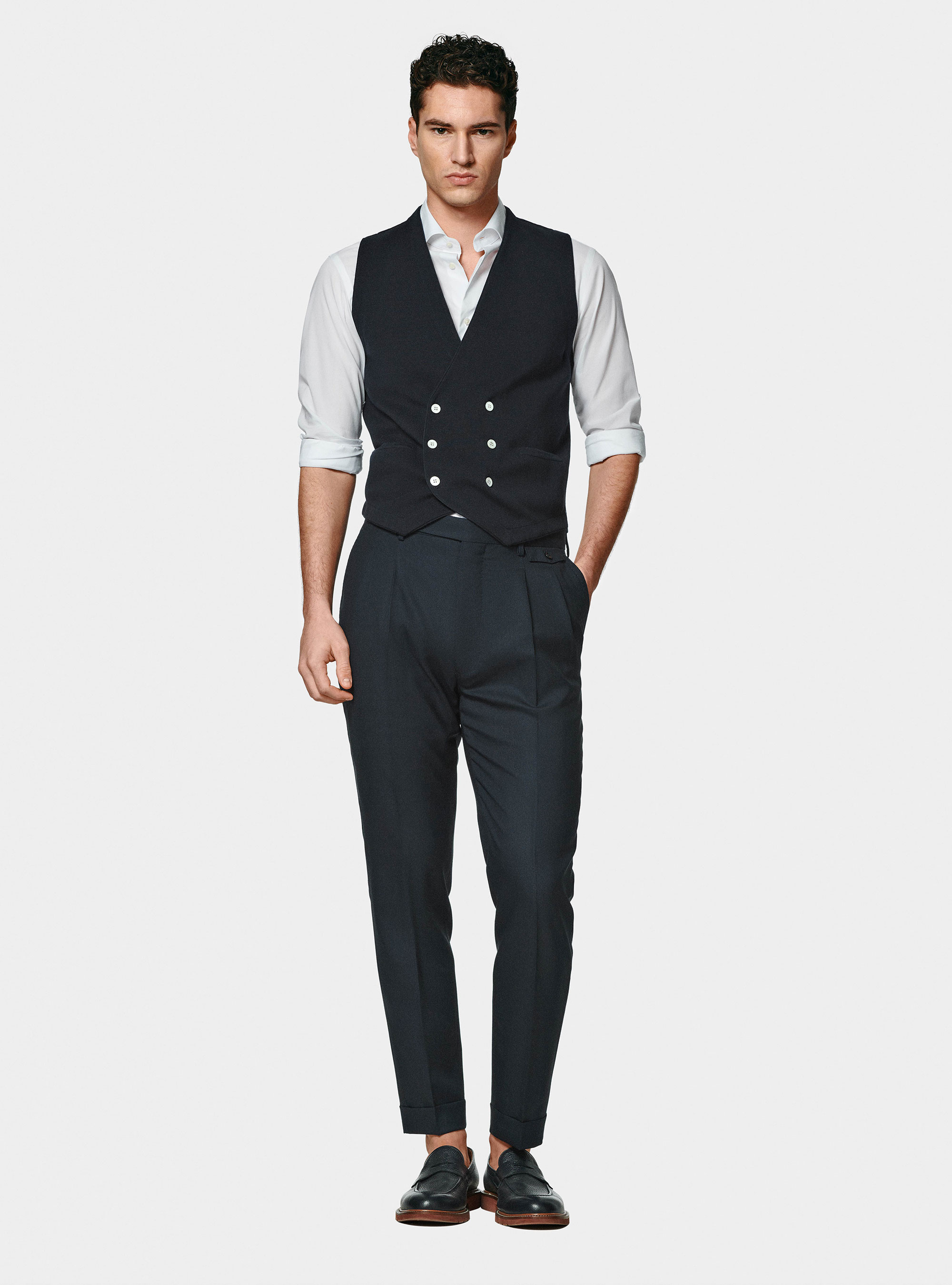 Gilet doppiopetto in maglia di cotone, BLU NAVY