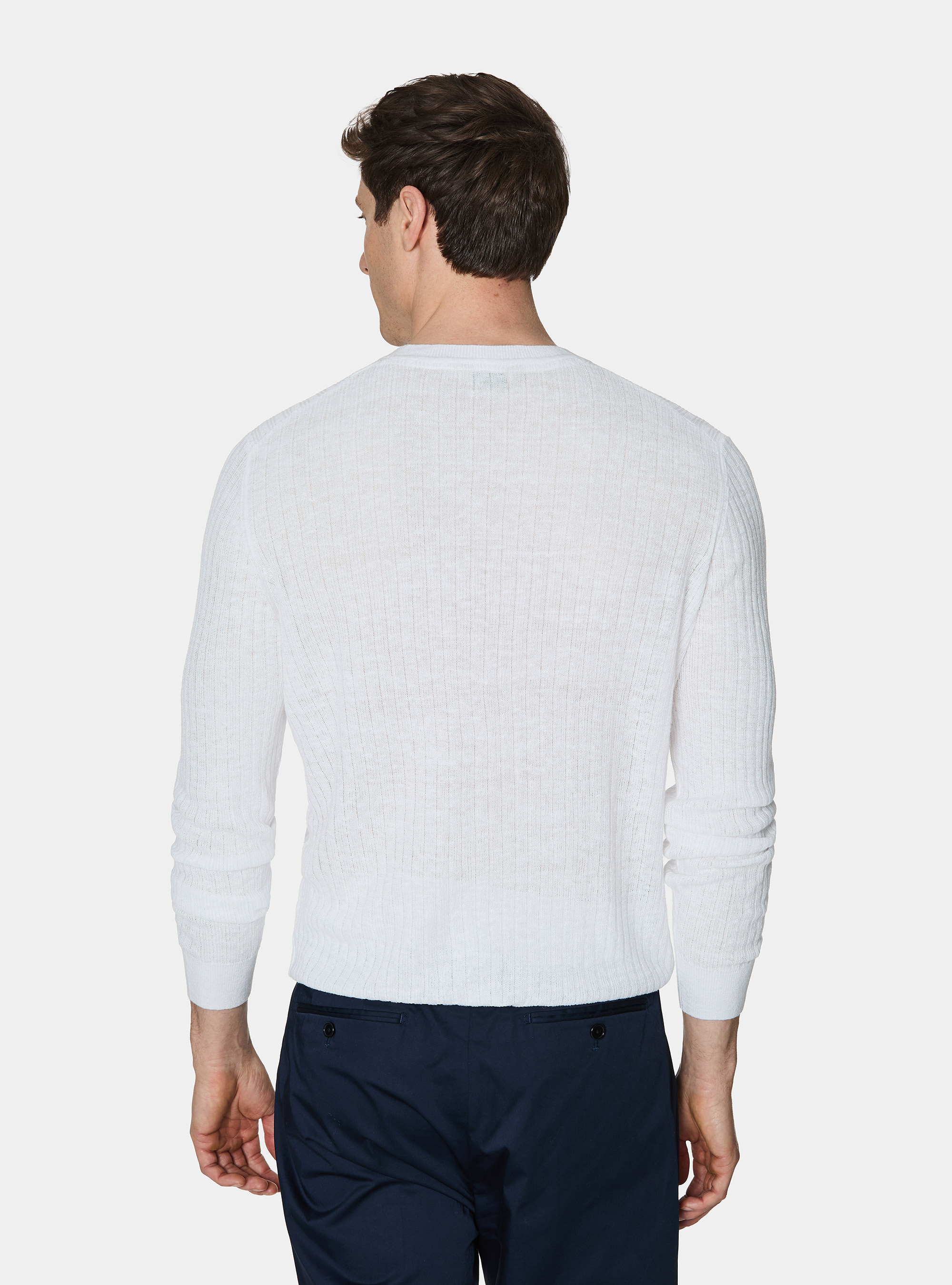Pure linen ribbed crew neck sweater, WHITE