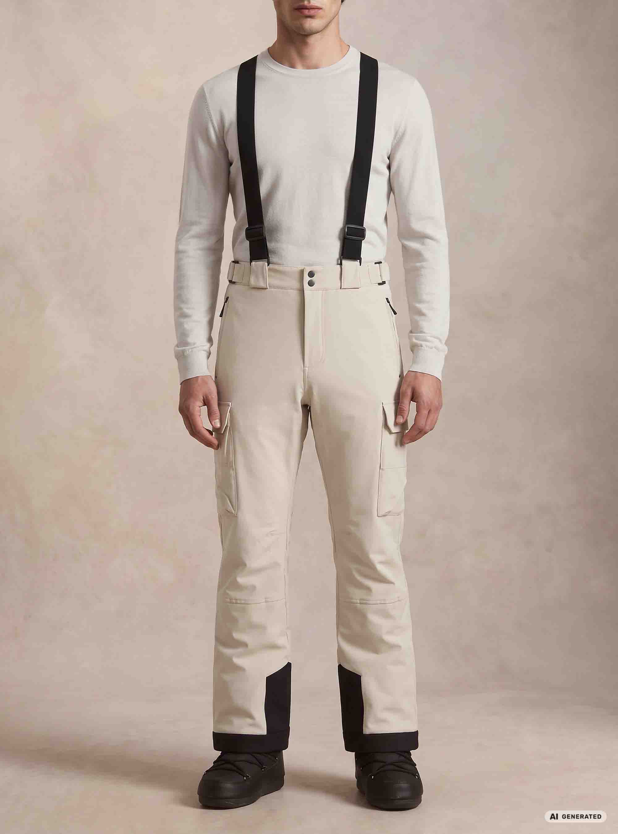 Pantaloni da sci con tasconi e bretelle, PANNA