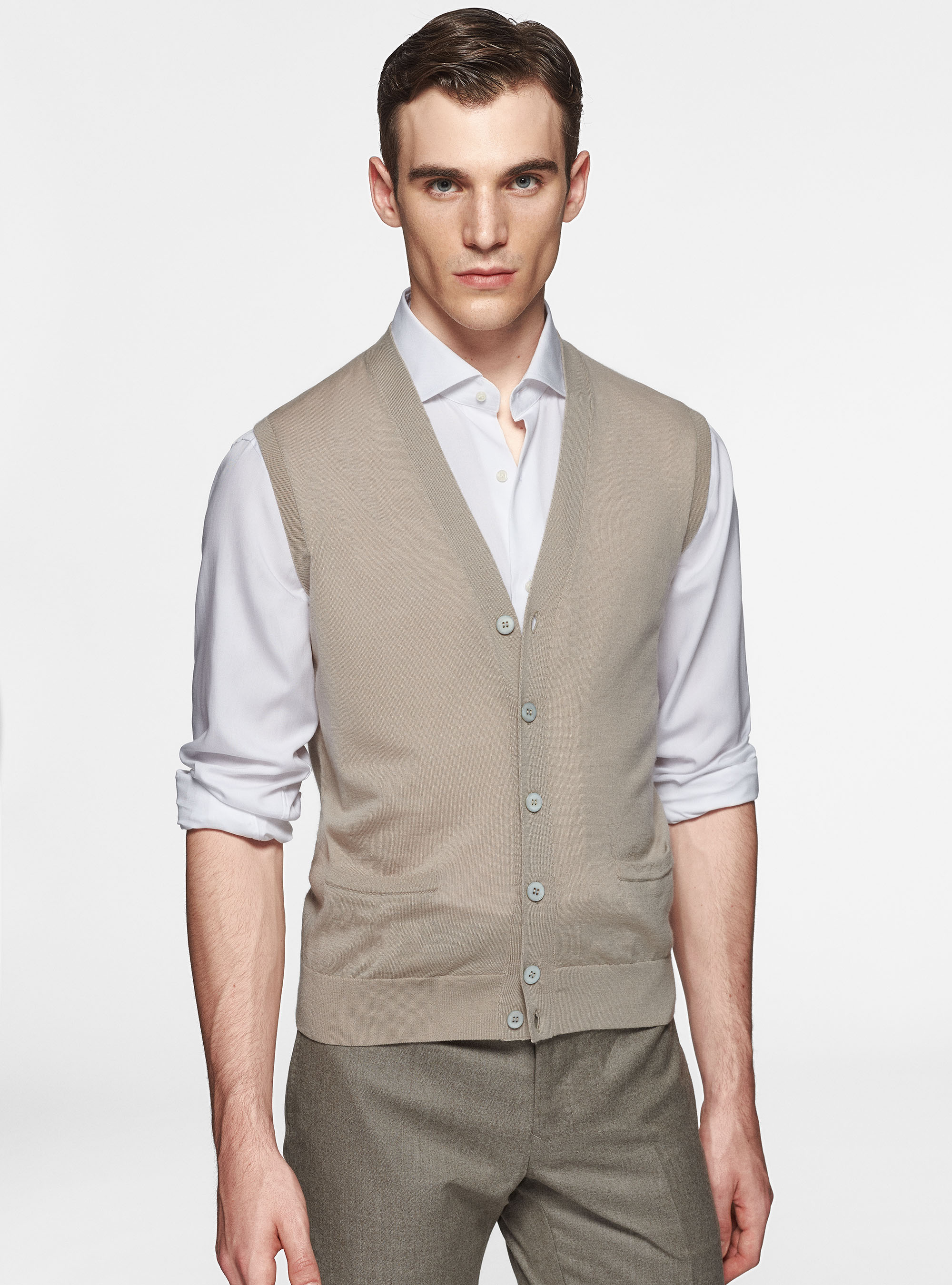 Knitted waistcoat in pure extra-fine merino wool, SAND