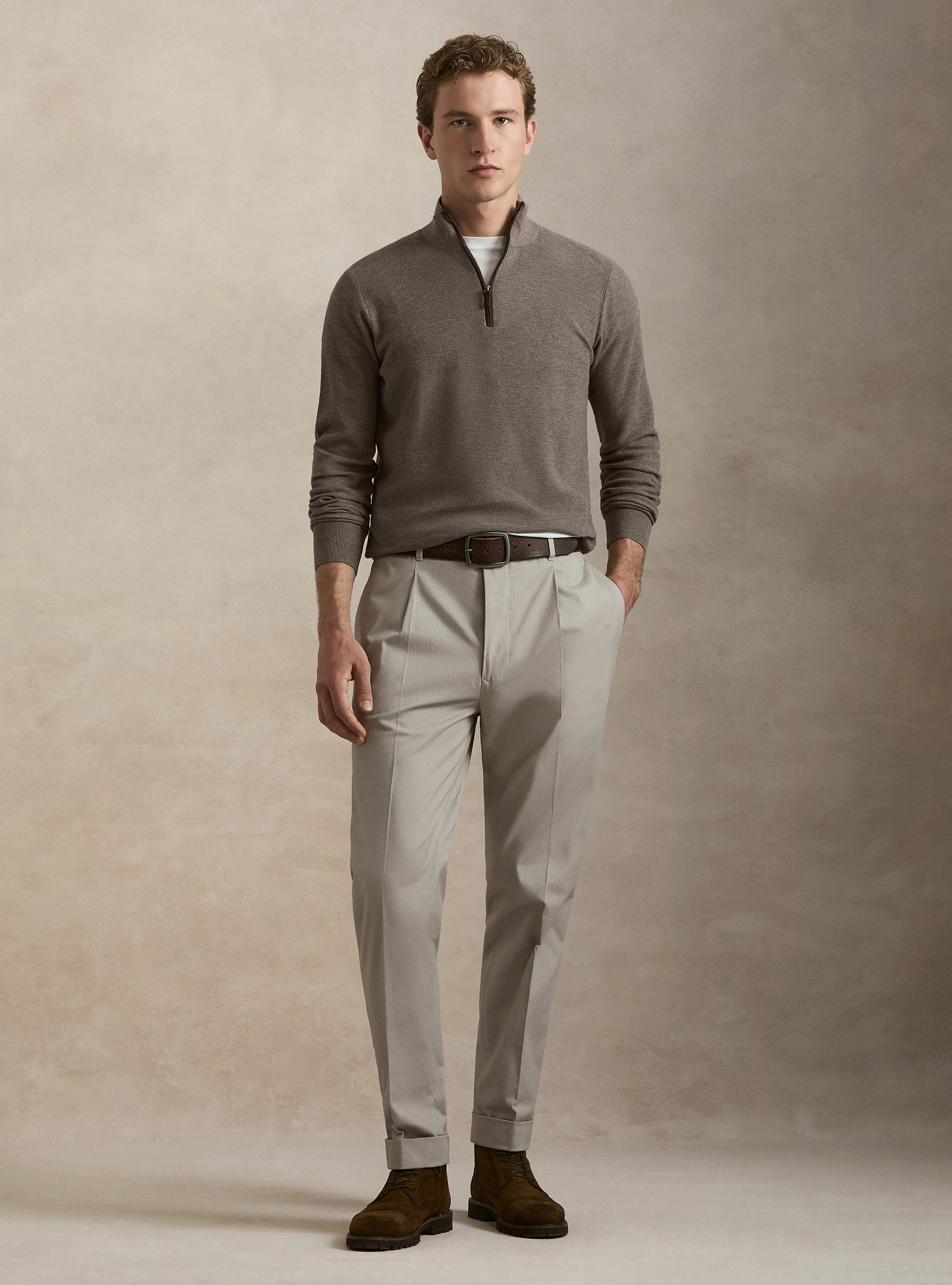 Cotton-cashmere half-zip sweater in honeycomb stitch, MUD