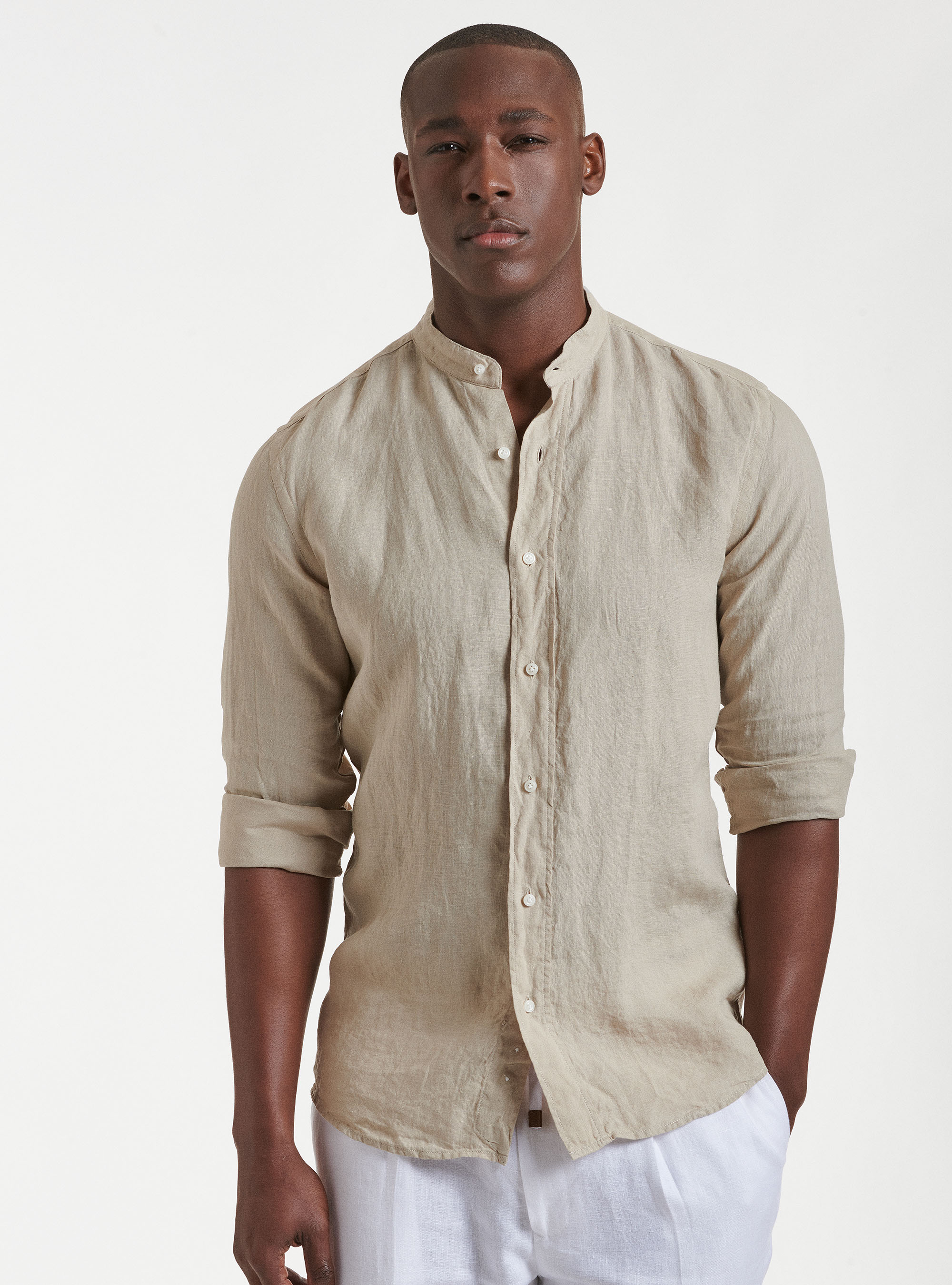 Camisa de cuello coreano en puro lino, ARENA