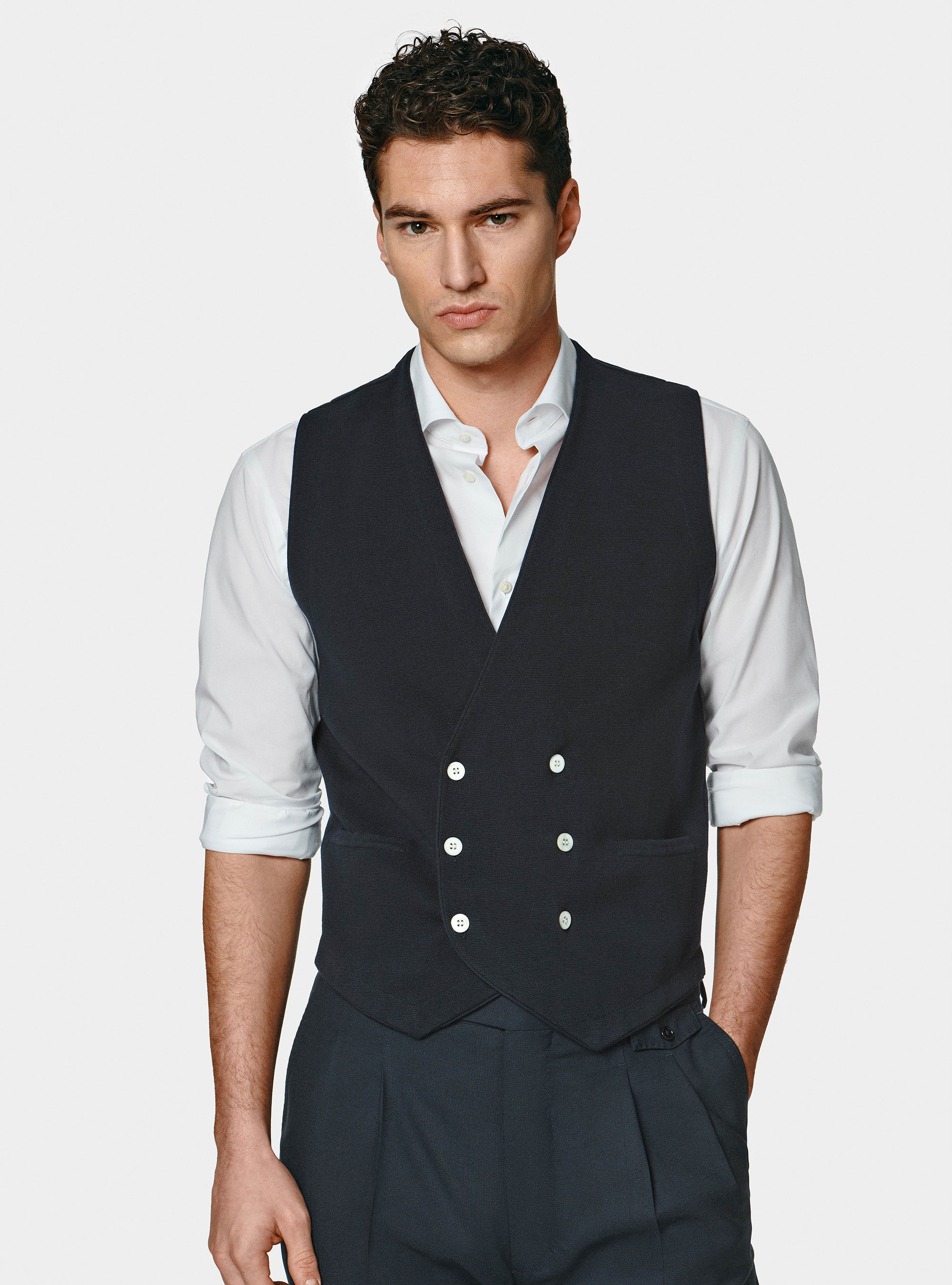 Gilet doppiopetto in maglia di cotone, BLU NAVY
