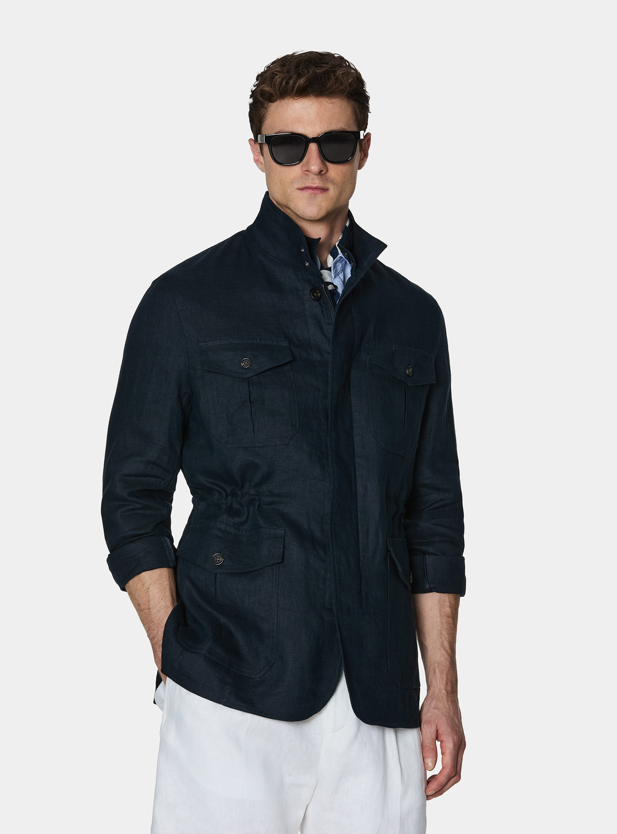 Field jacket in pure linen, NAVY BLUE