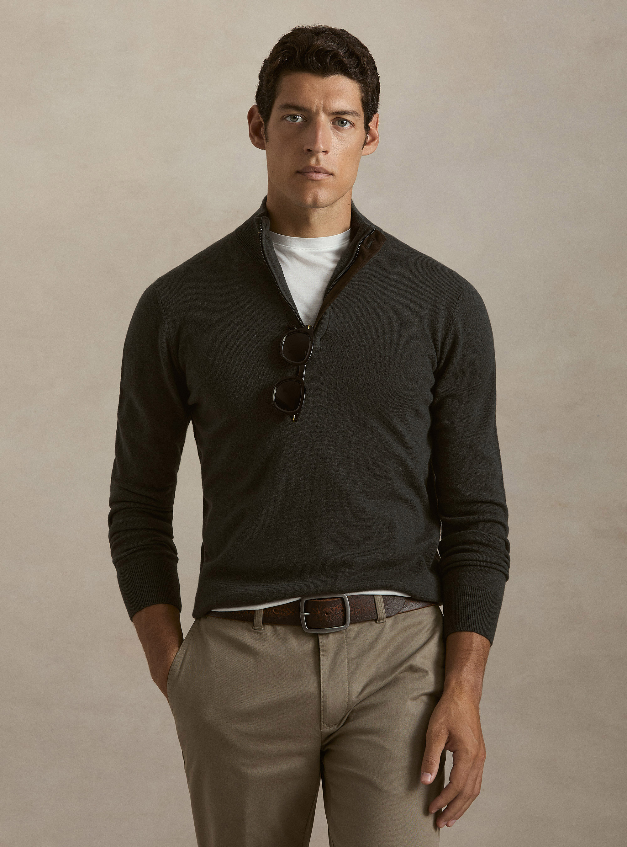 Maglia mezza zip con toppe in misto lana, MILITARE 0609C