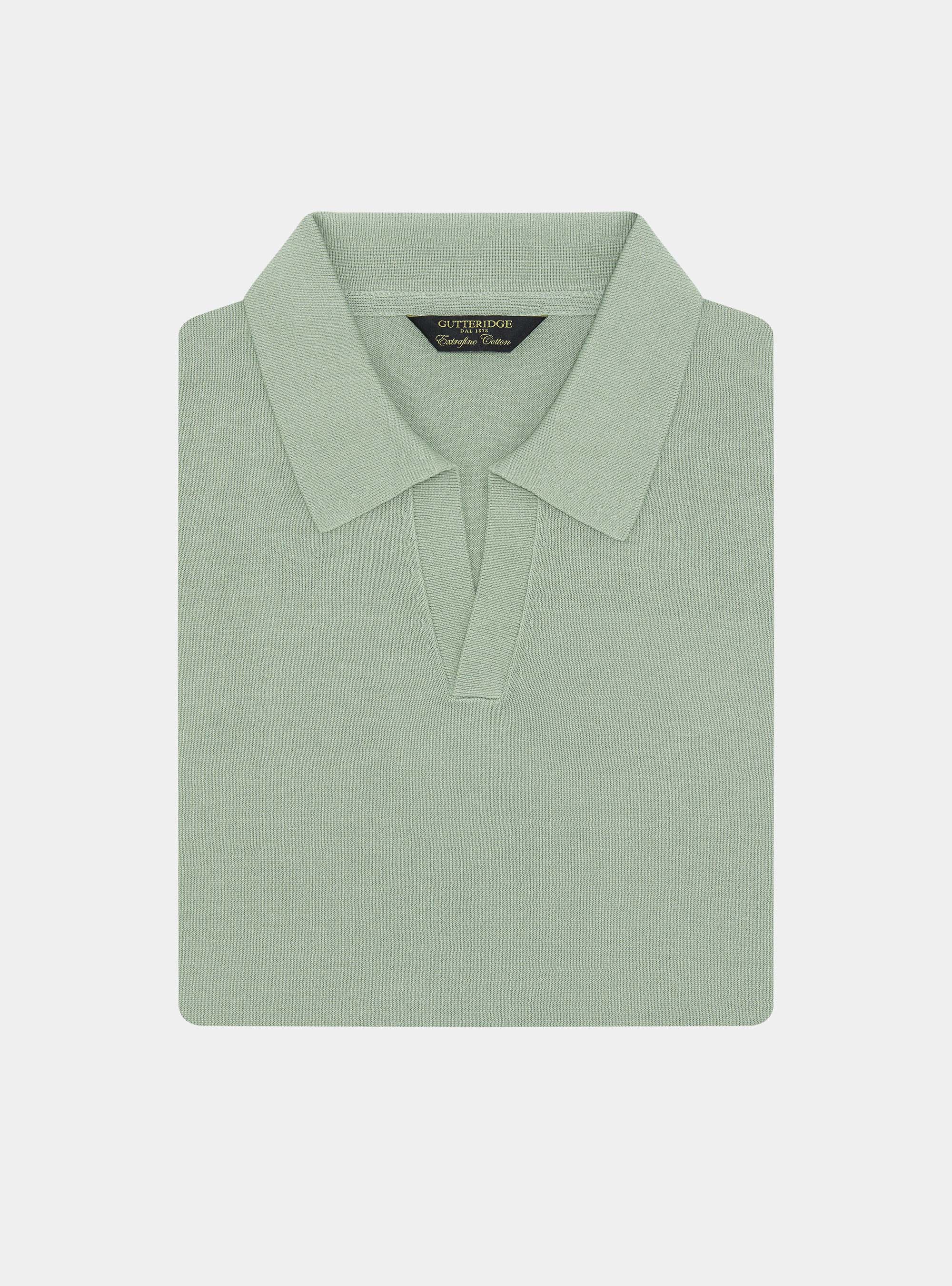 Buttonless knitted polo shirt in extra-fine cotton, SALVIA 0602C