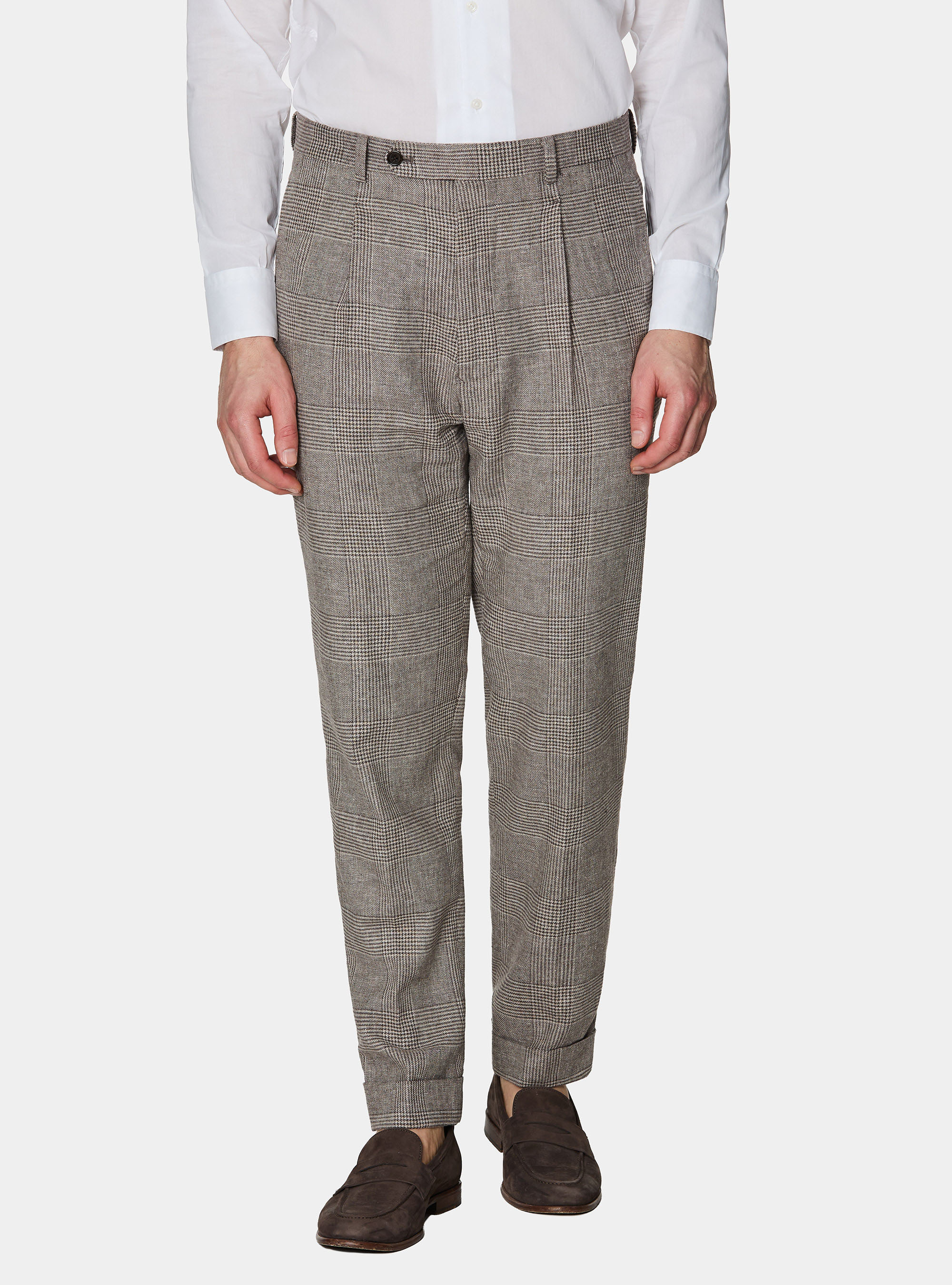 Pantalones estampados con pinzas de lino y algod&oacute;n, MARRON