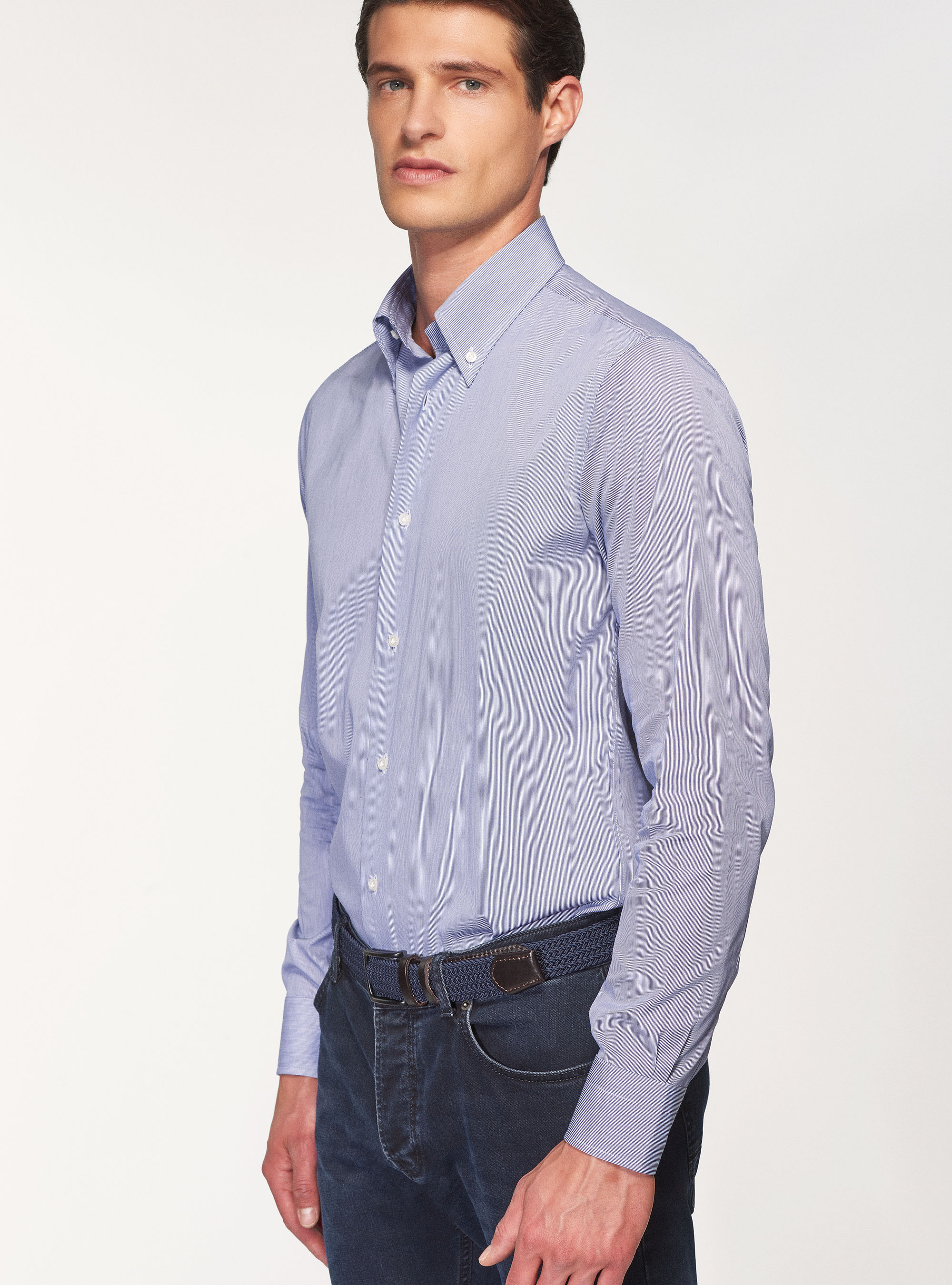 Camicia button down in cotone millerighe, BLU NAVY