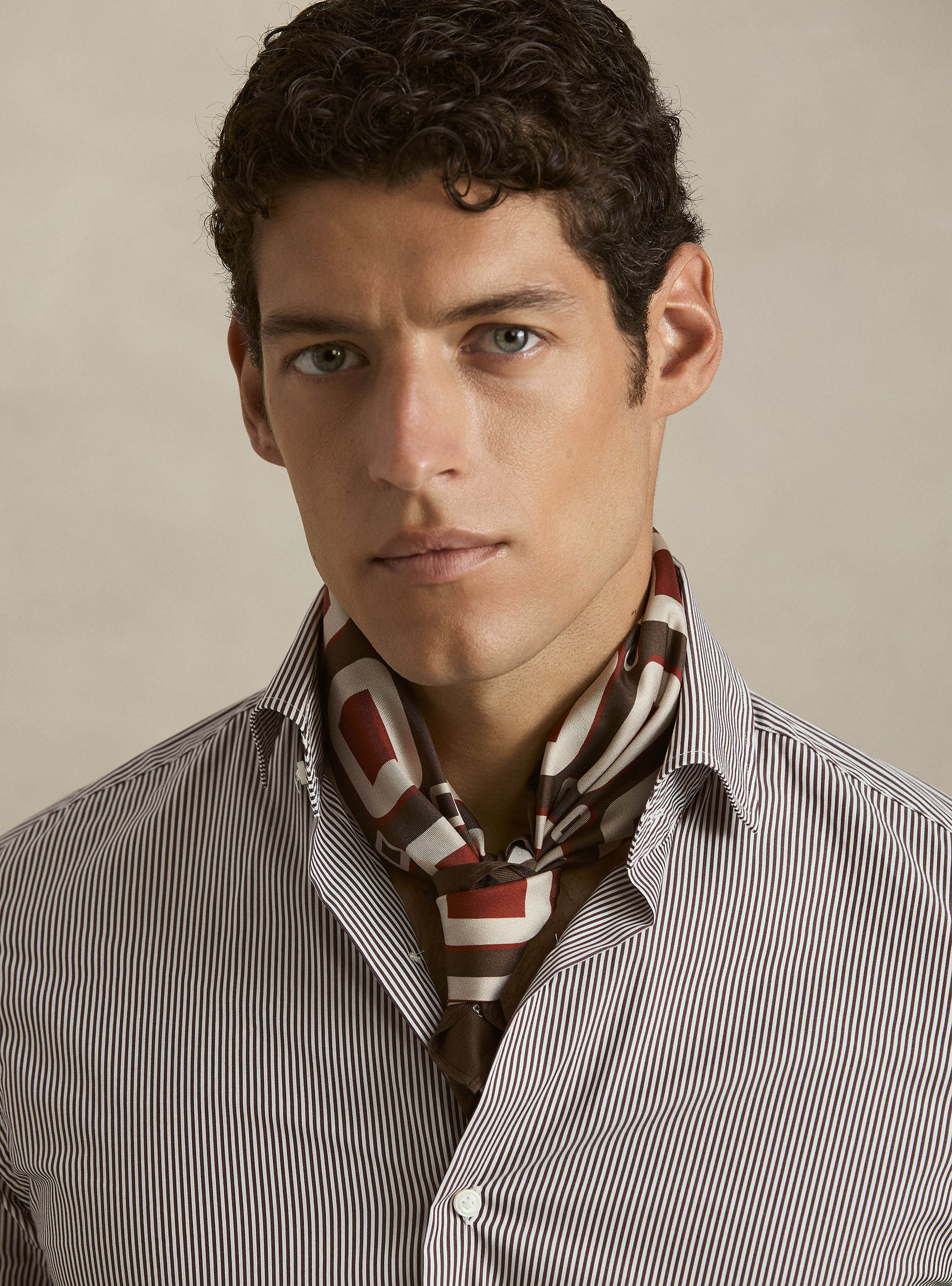 Camicia in cotone rigato popeline stretch, MARRONE