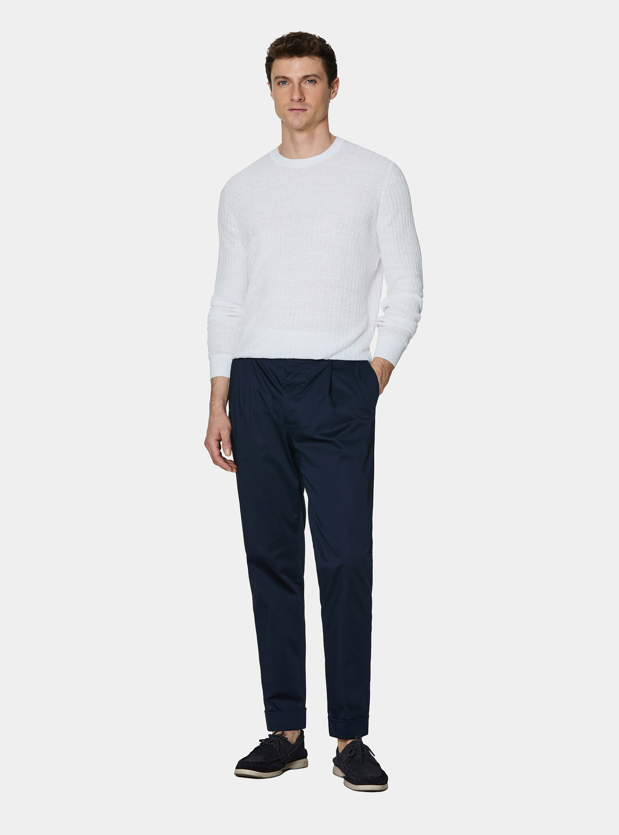 Pure linen ribbed crew neck sweater, WHITE