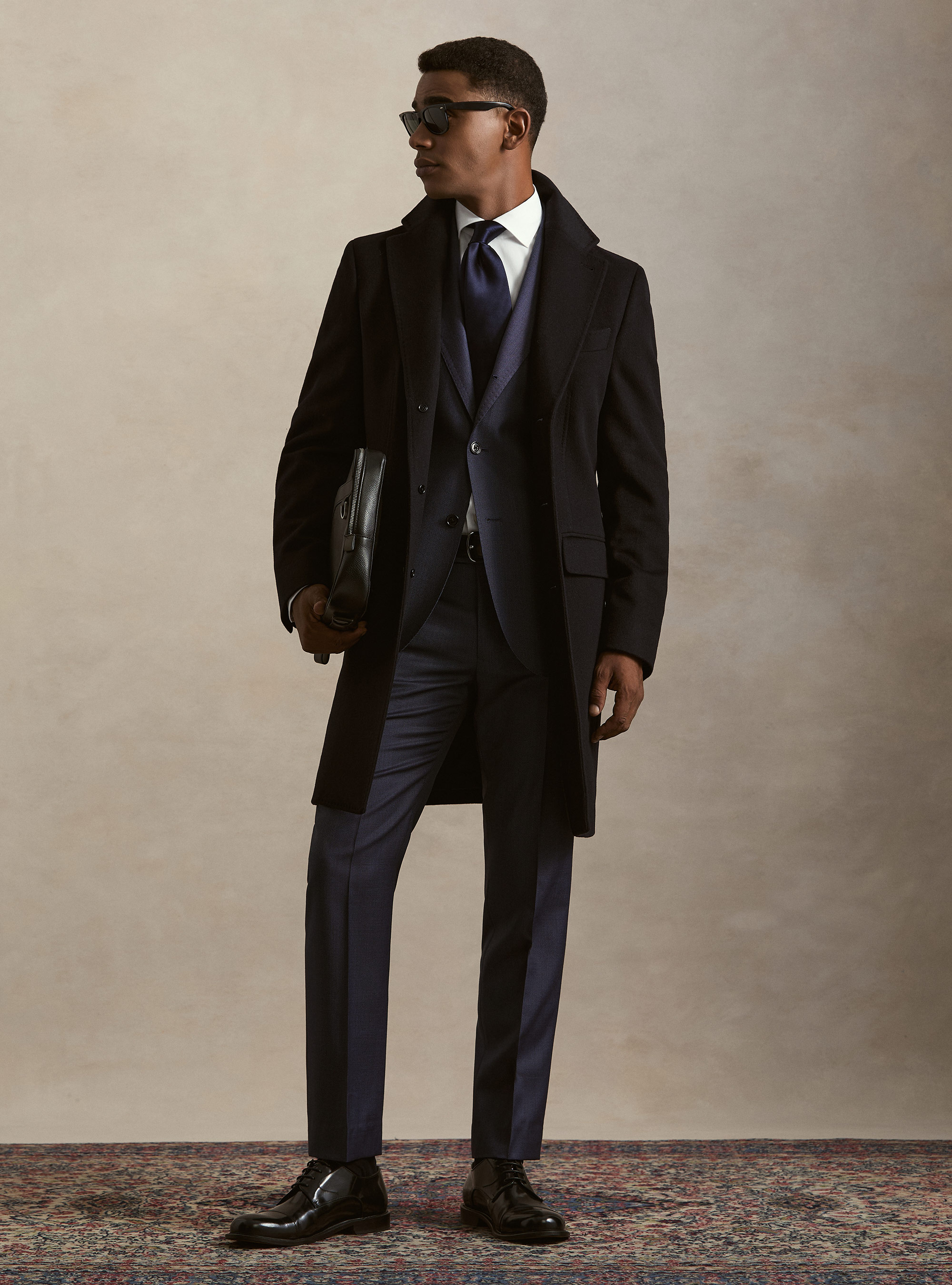 Single-breasted wool and cashmere coat, NAVY BLUE