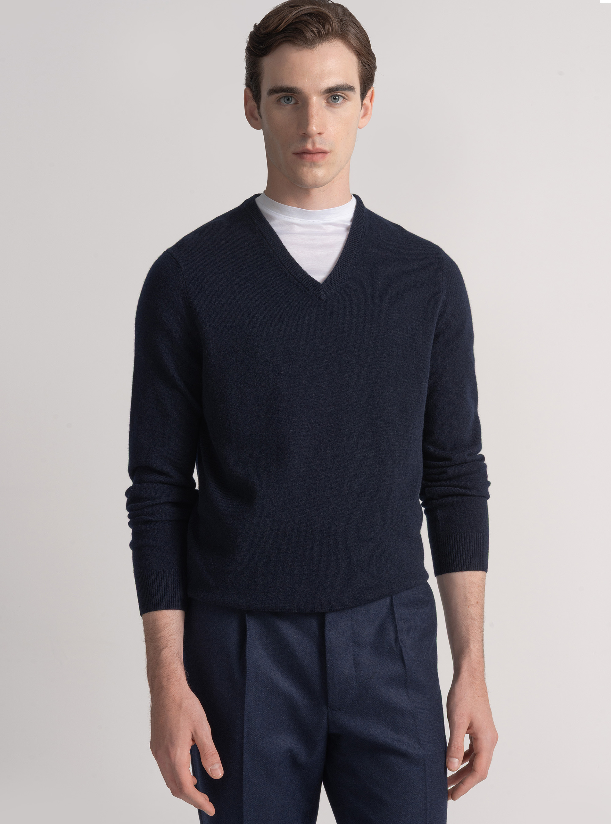 Maglia scollo a V in lana merino, BLU NAVY