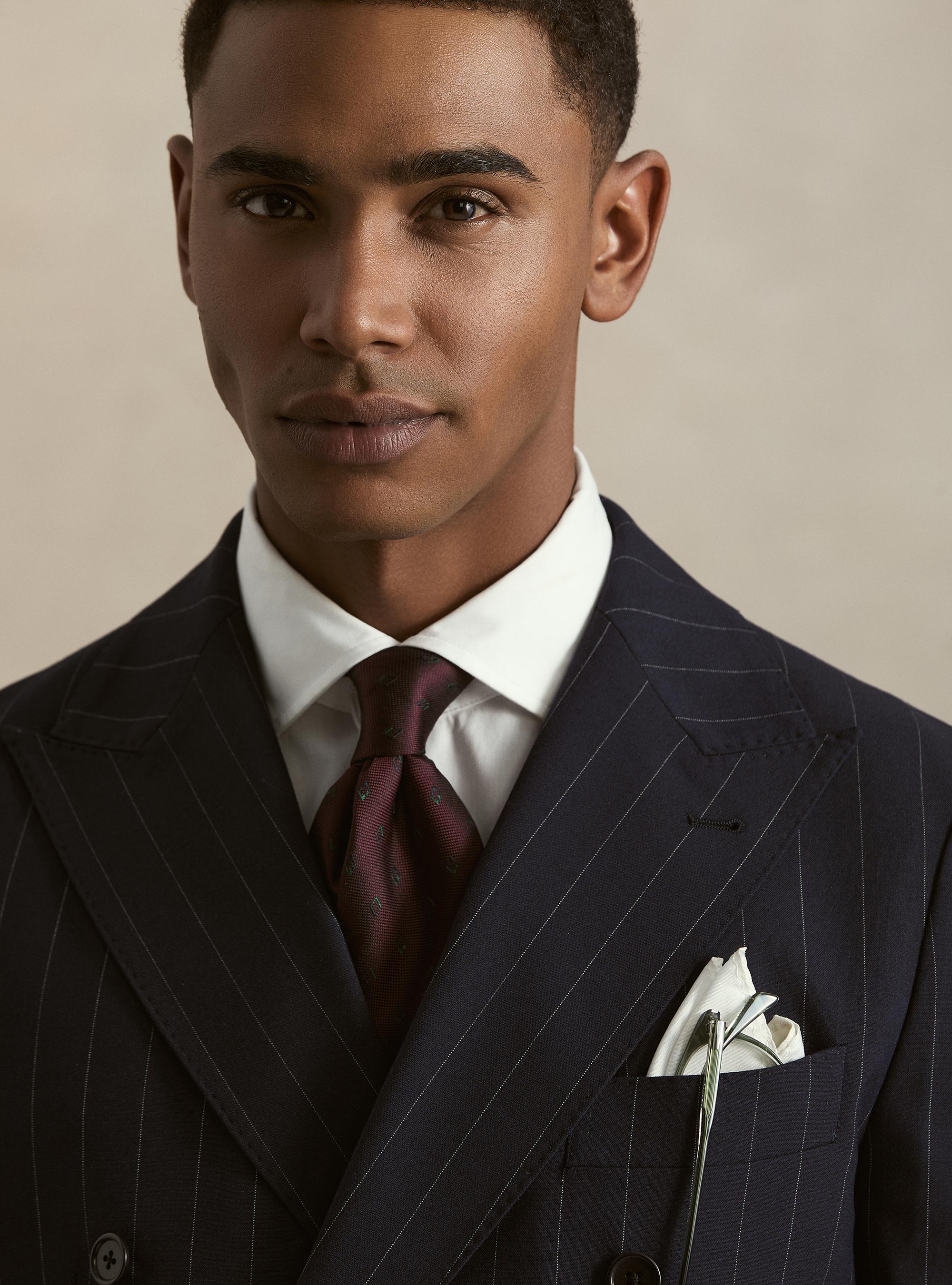 Double-breasted pinstripe suit blazer in stretch fabric, NAVY BLUE