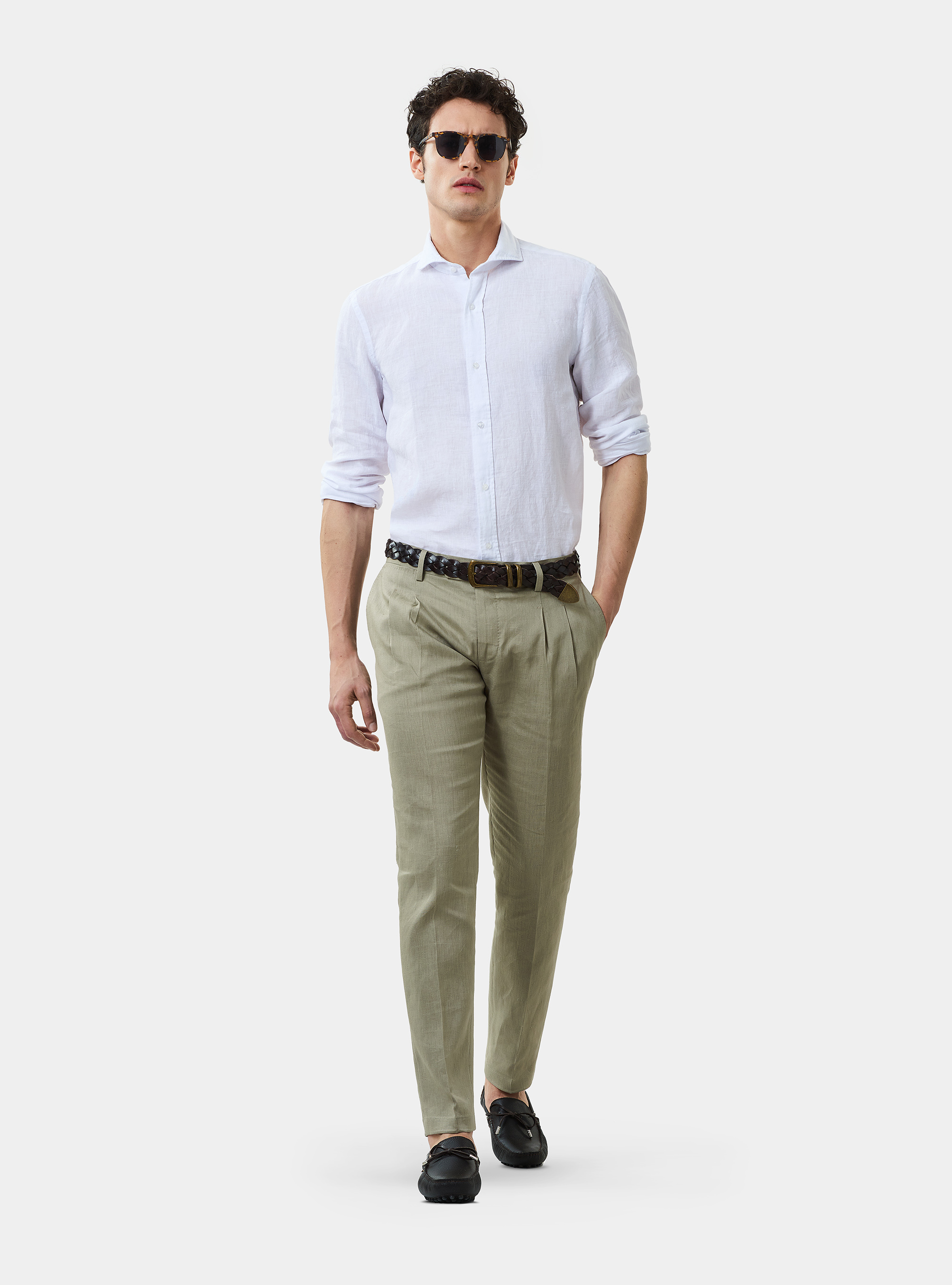Camicia slim 100% lino delav&egrave;, BIANCO