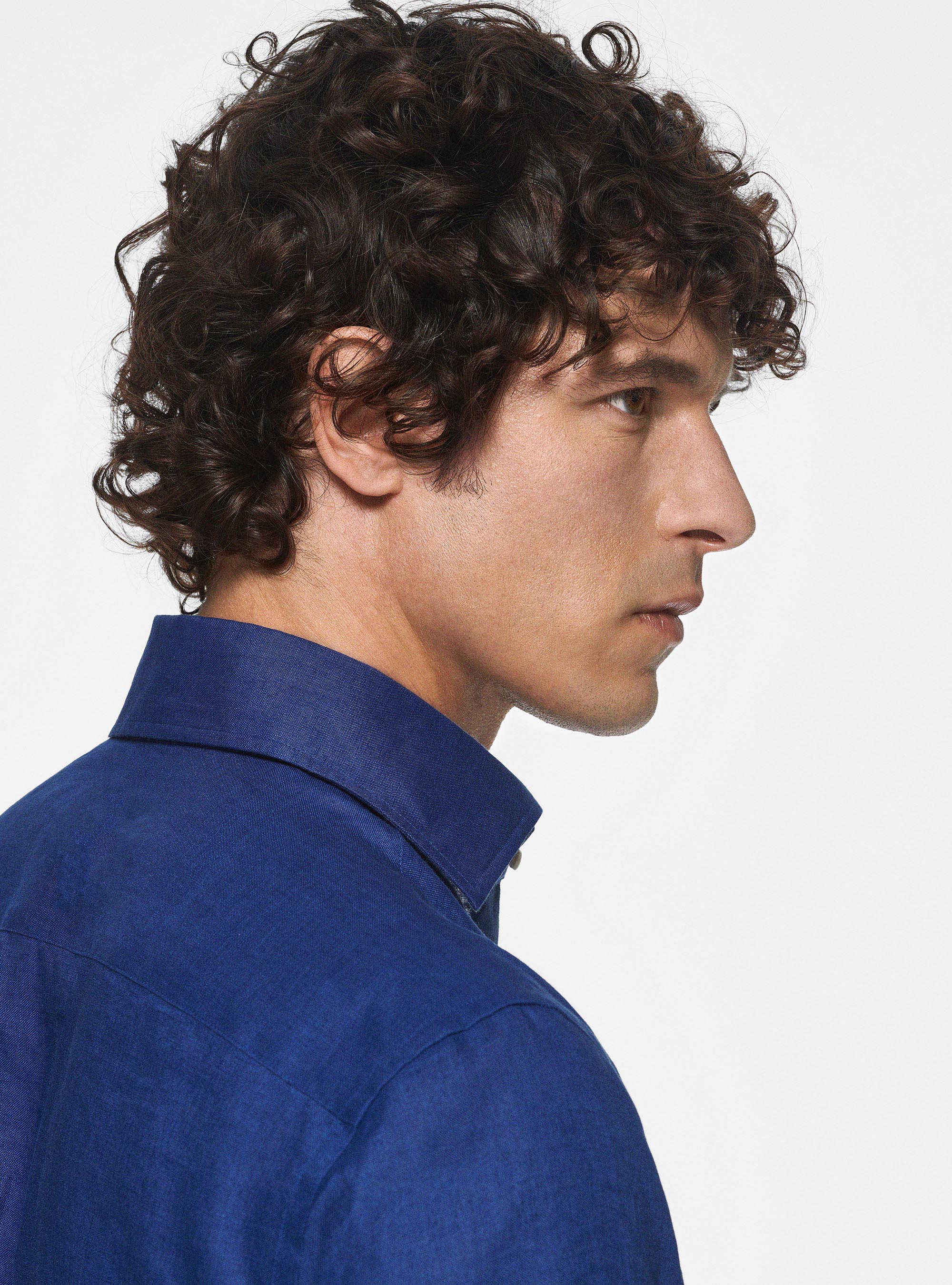 Camicia collo italiano in puro lino, BLU