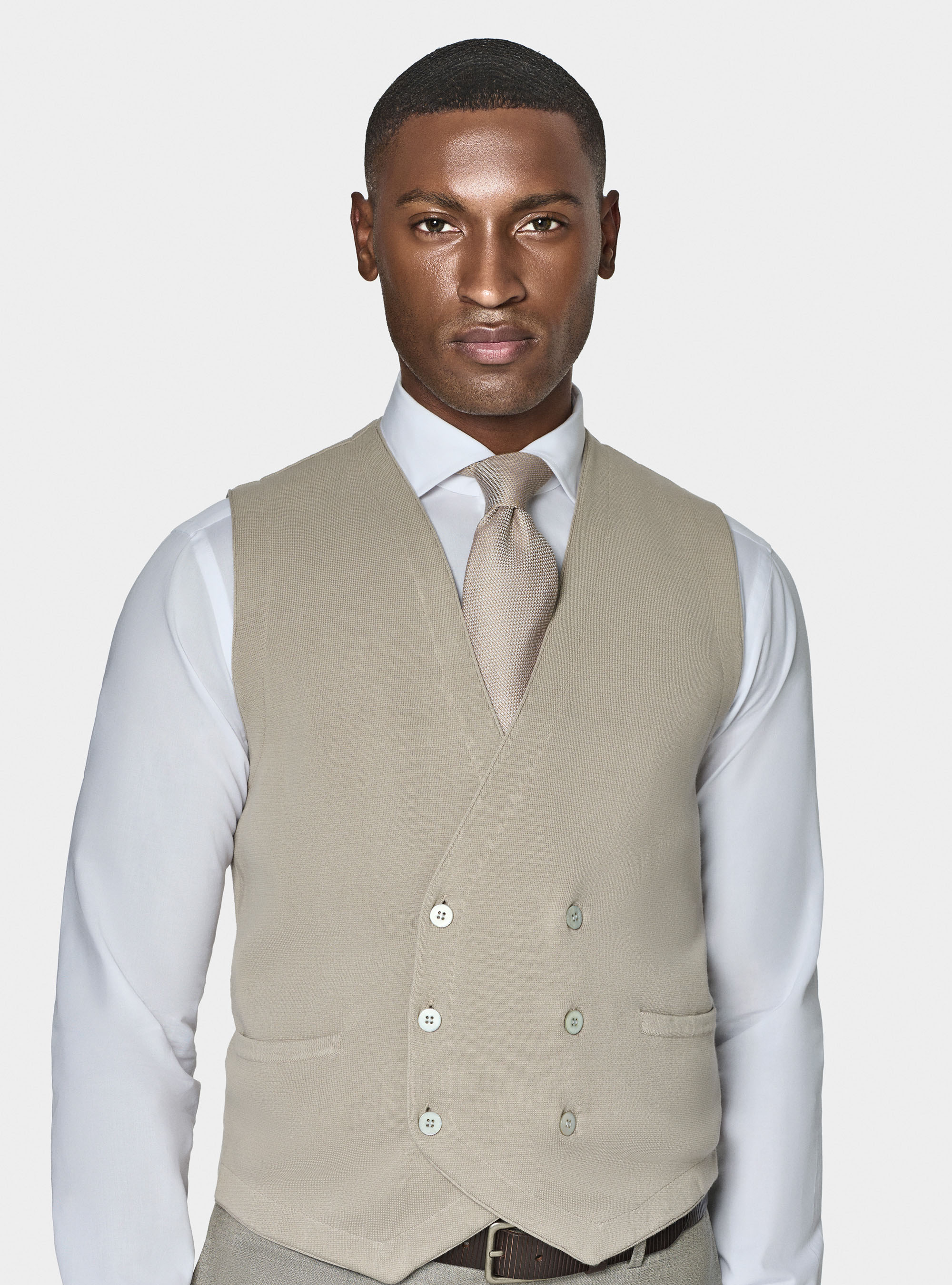Gilet doppiopetto in maglia di cotone, SABBIA