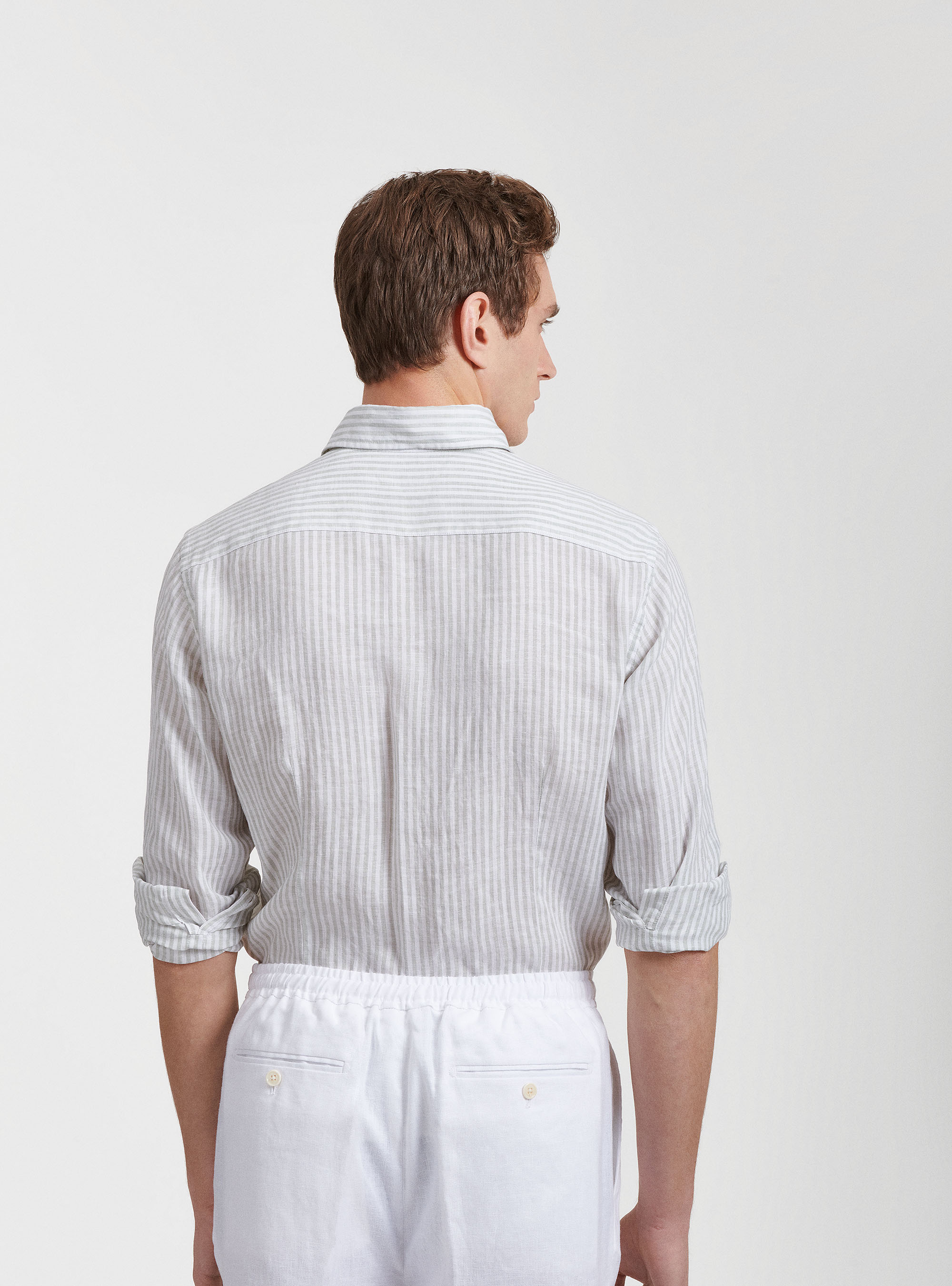 Camicia collo semi francese in puro lino rigato, SALVIA 0602C
