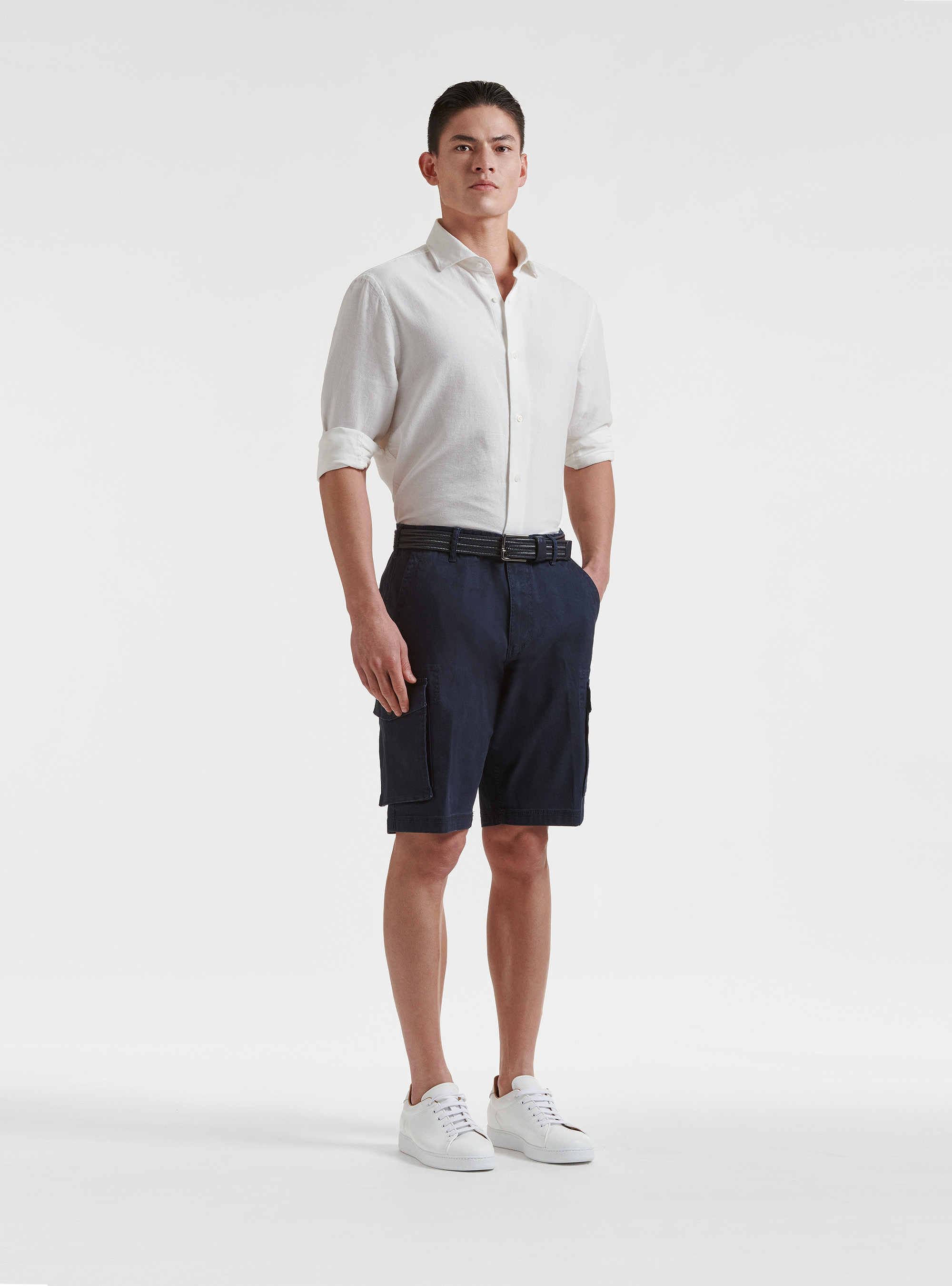 Camicia collo semi francese in puro cotone garzato, BIANCO