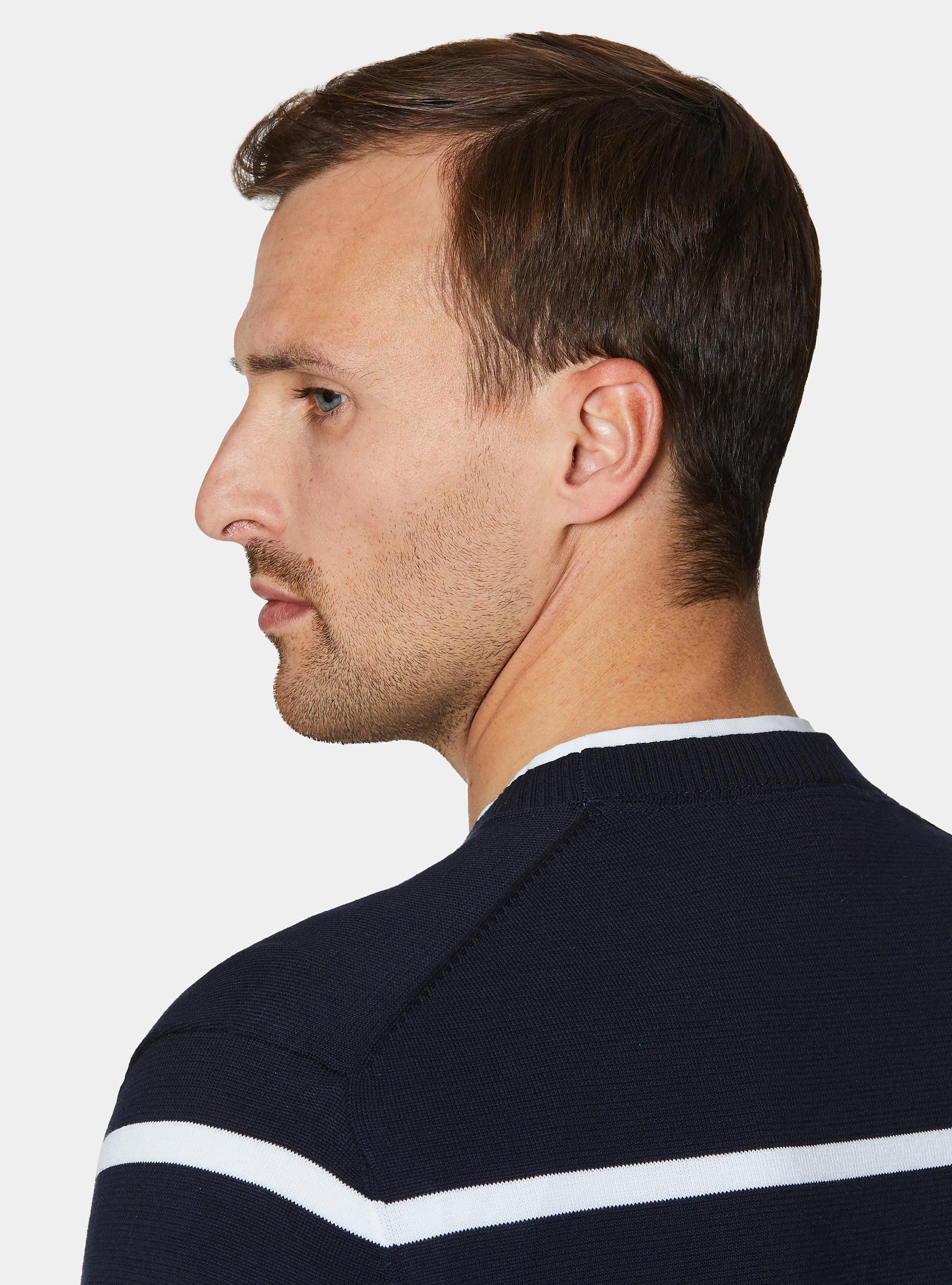 Maglia girocollo in cotone extrafine rigato, BLU NAVY