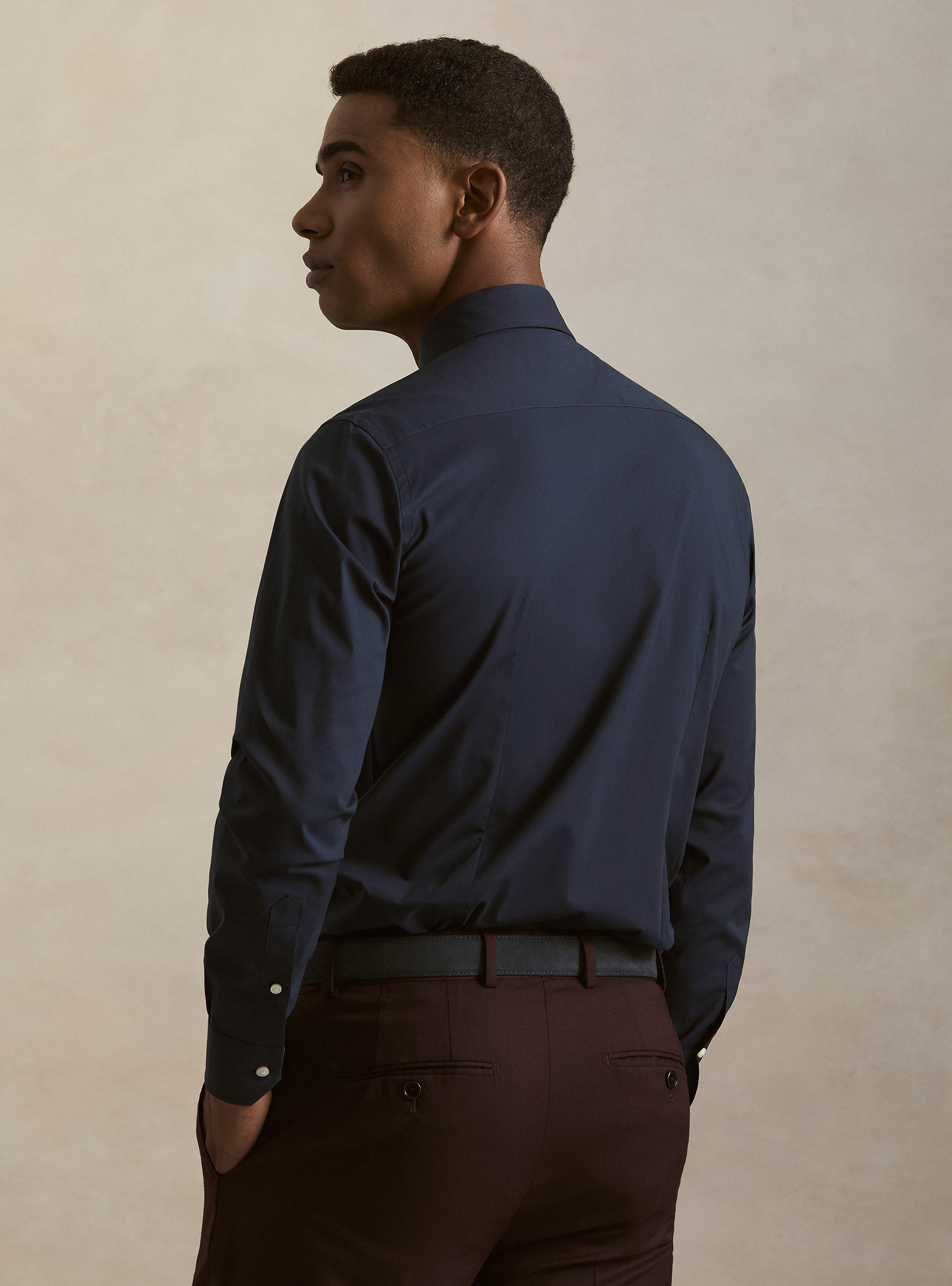 Camisa de popel&iacute;n de algod&oacute;n el&aacute;stico, AZUL MARINO