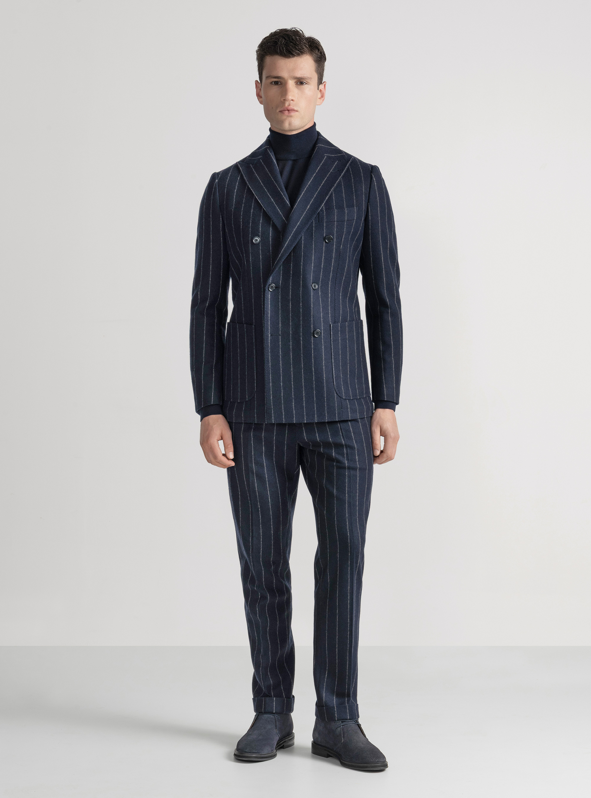 Pinstripe jersey double-breasted suit blazer, NAVY BLUE