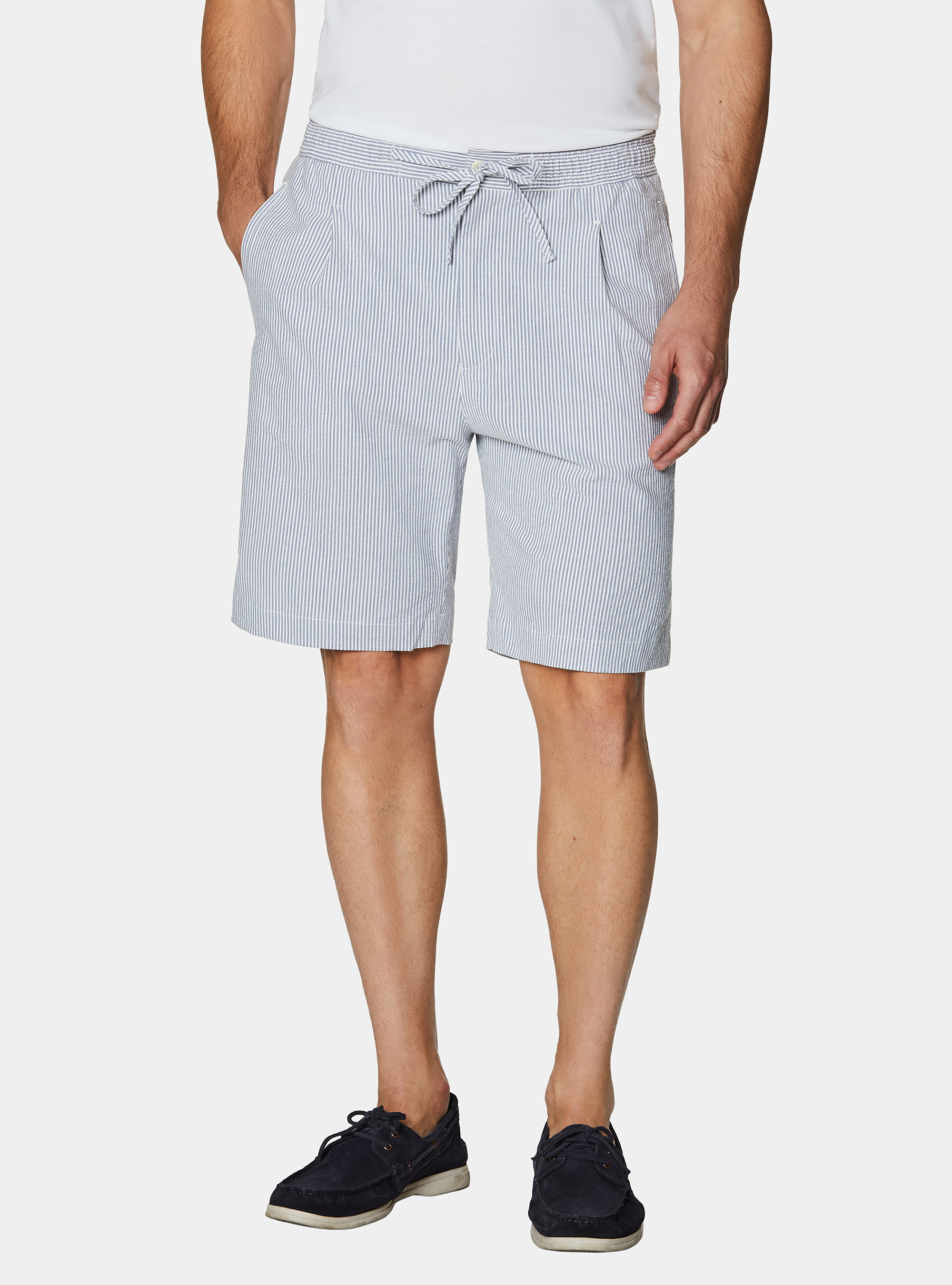 Bermudas de algod&oacute;n el&aacute;stico seersucker con cord&oacute;n, AZUL MEDIO