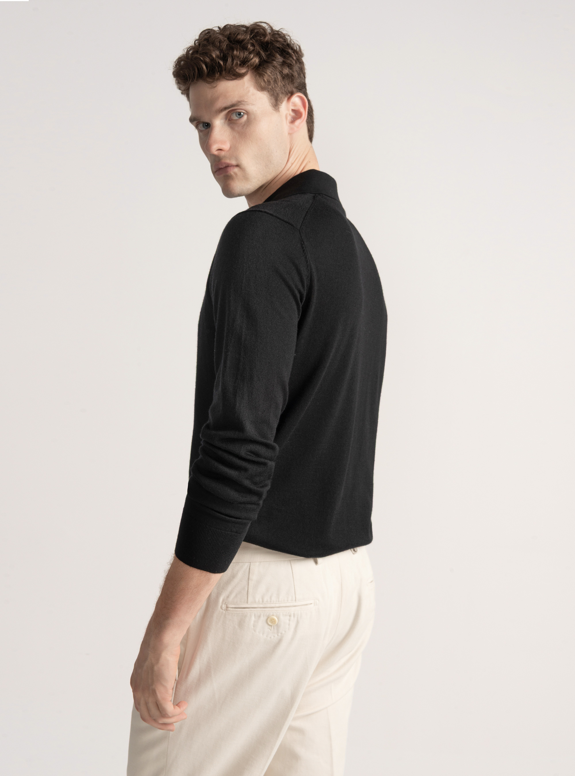 Extra-fine merino wool polo shirt, BLACK