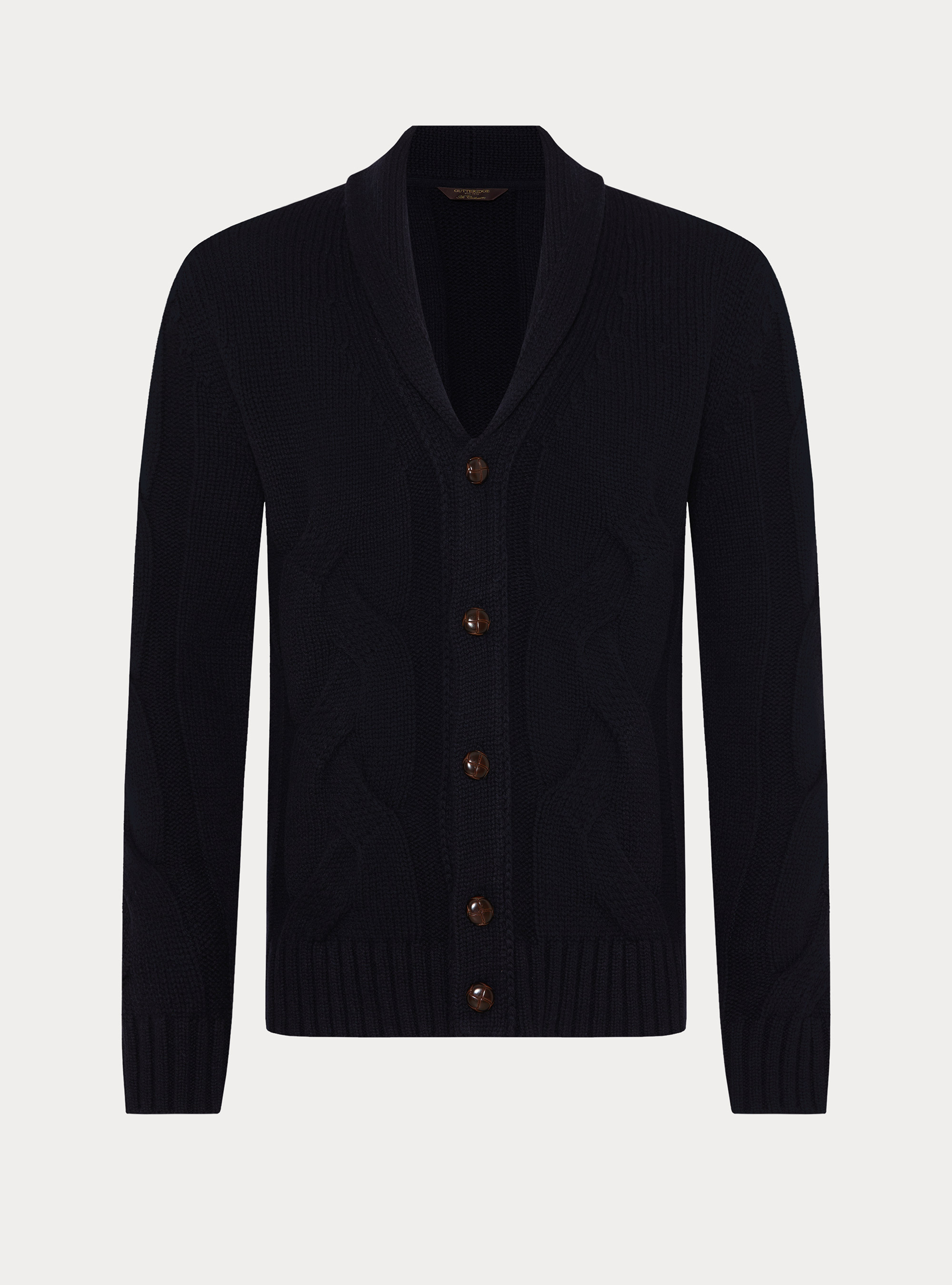 Cardigan sciallato con treccia in lana lambswool e cashmere, BLU NAVY