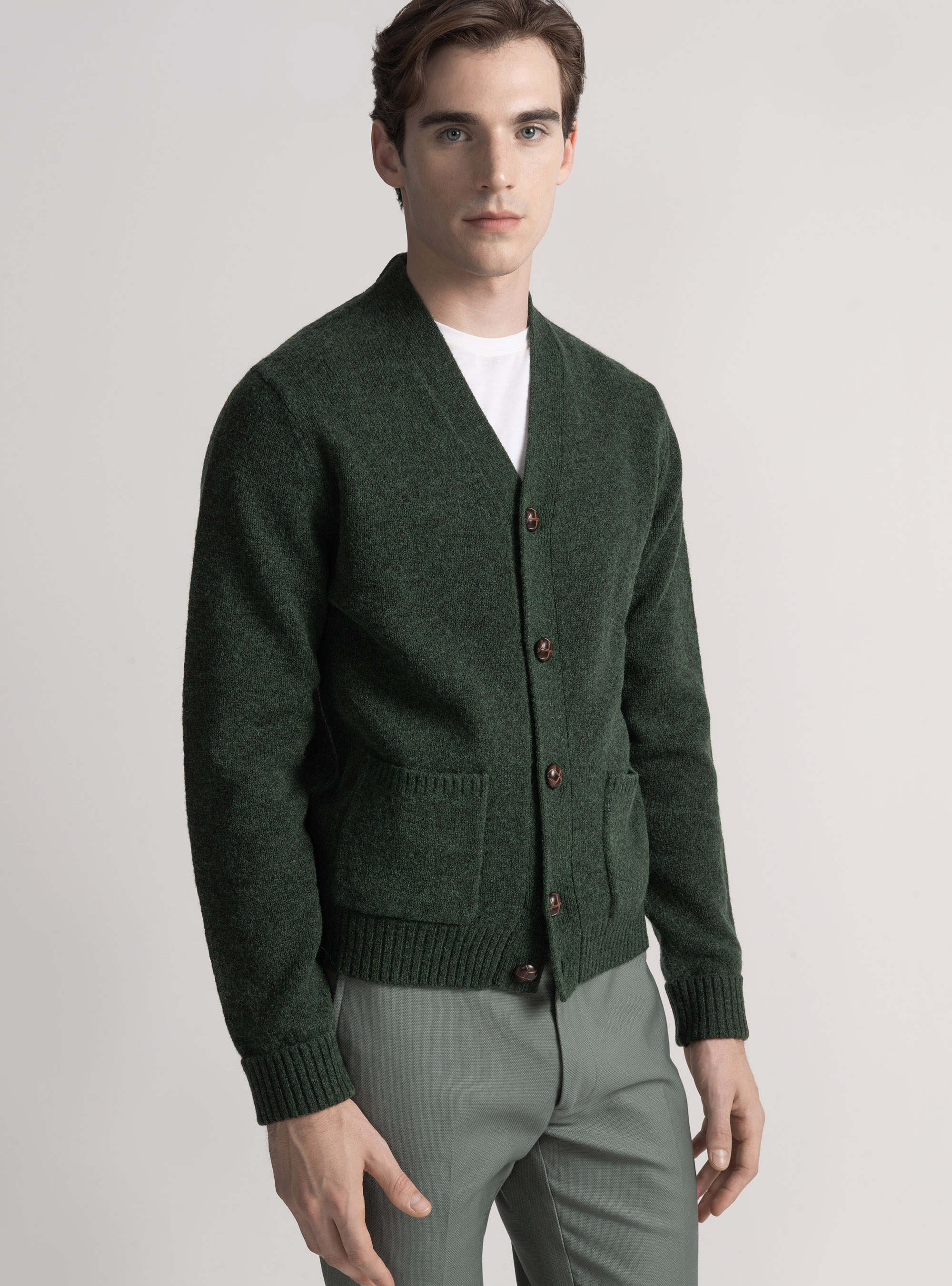 Cardigan in maglia di lana shetland, VERDE