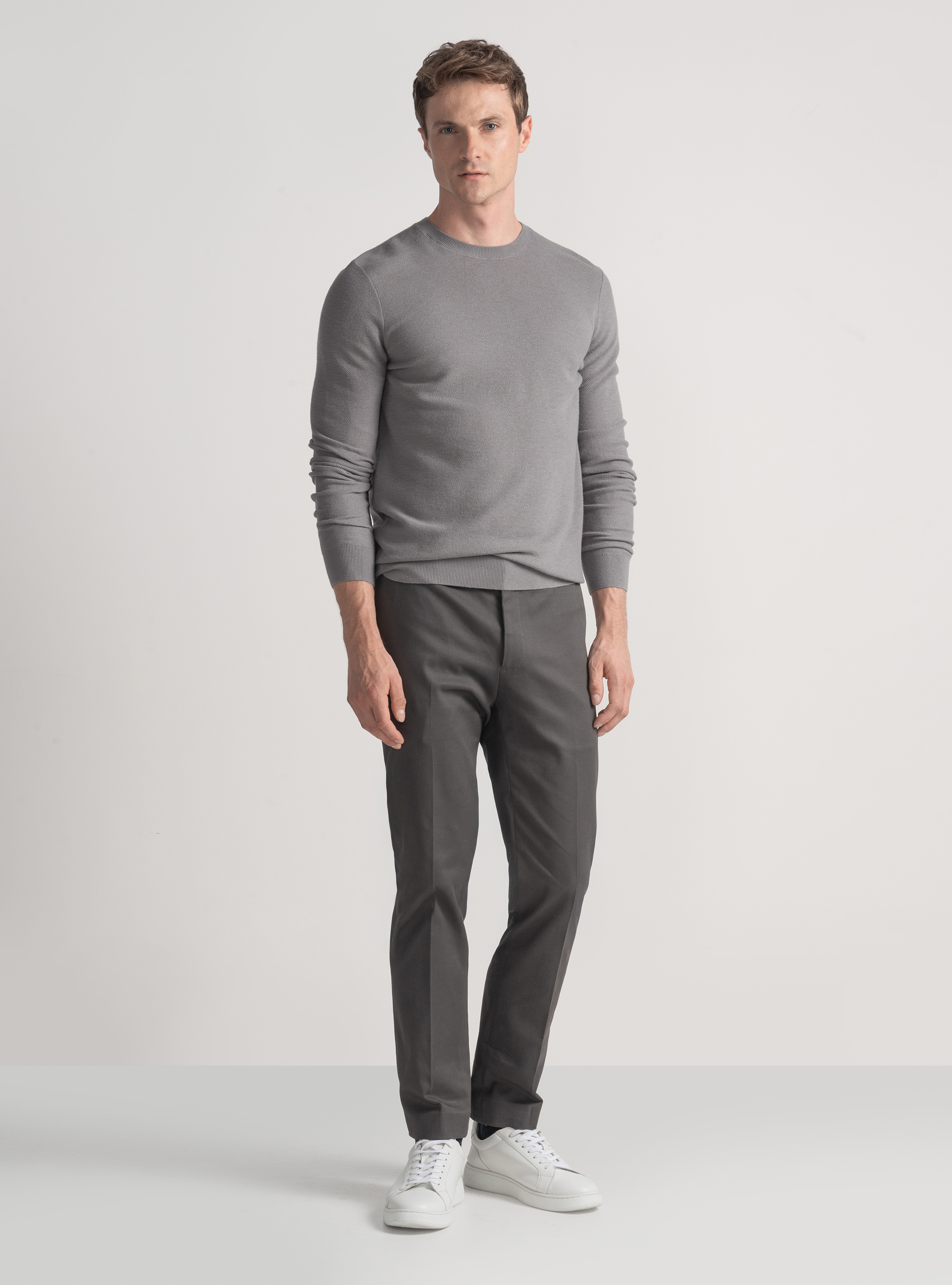 Cotton cashmere honeycomb crew-neck sweater, GREY