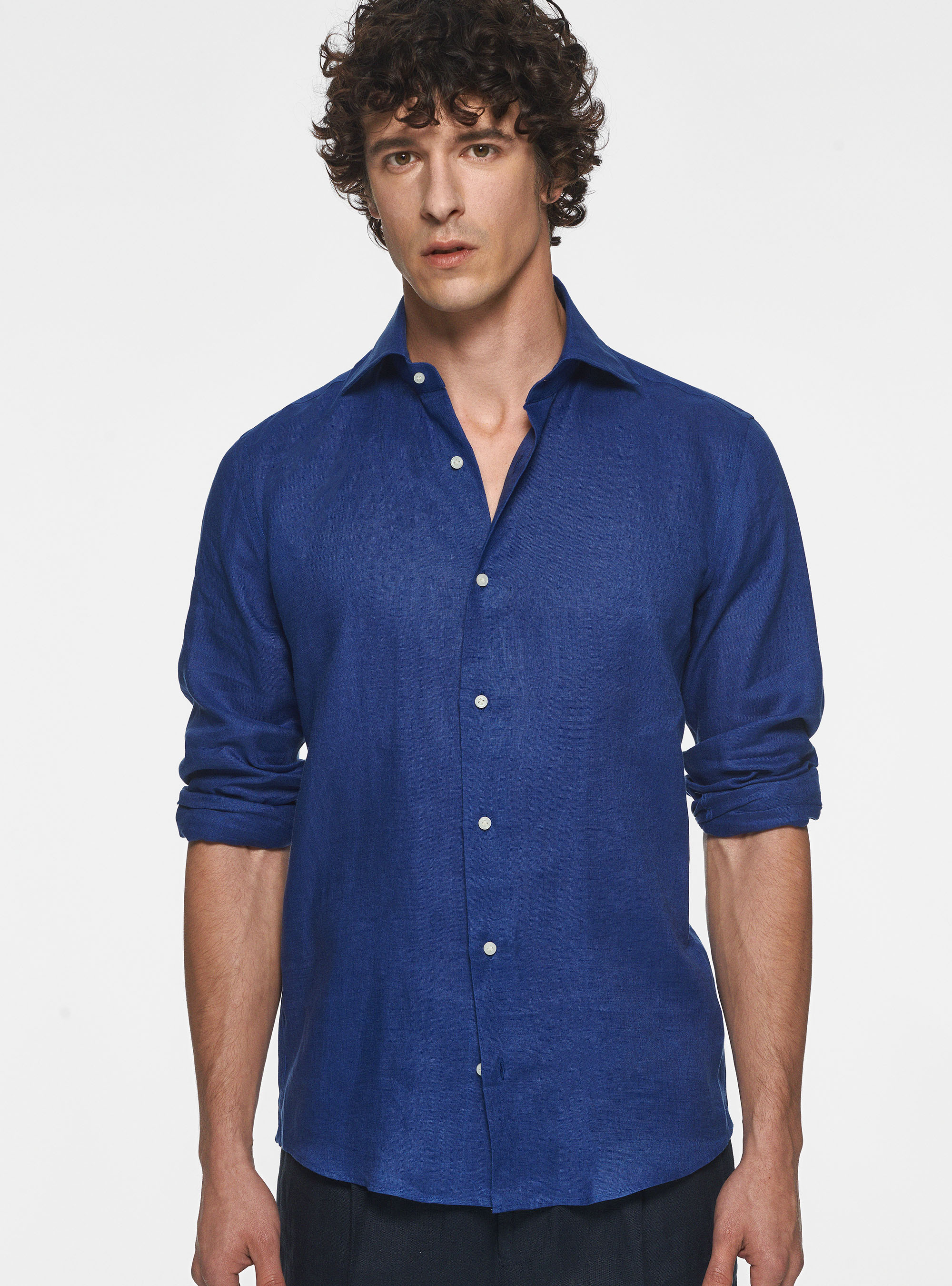 Camicia collo italiano in puro lino, BLU