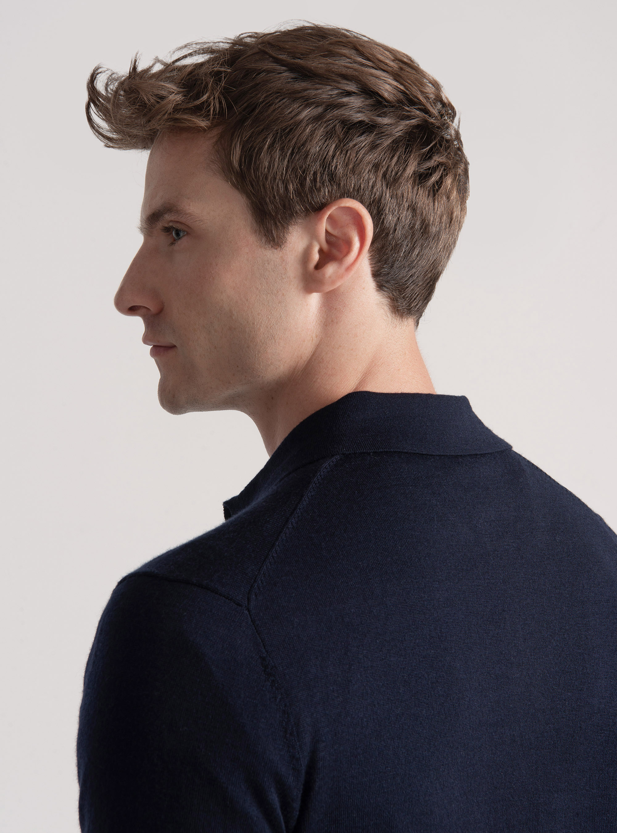 Extra-fine merino wool knit polo shirt, NAVY BLUE
