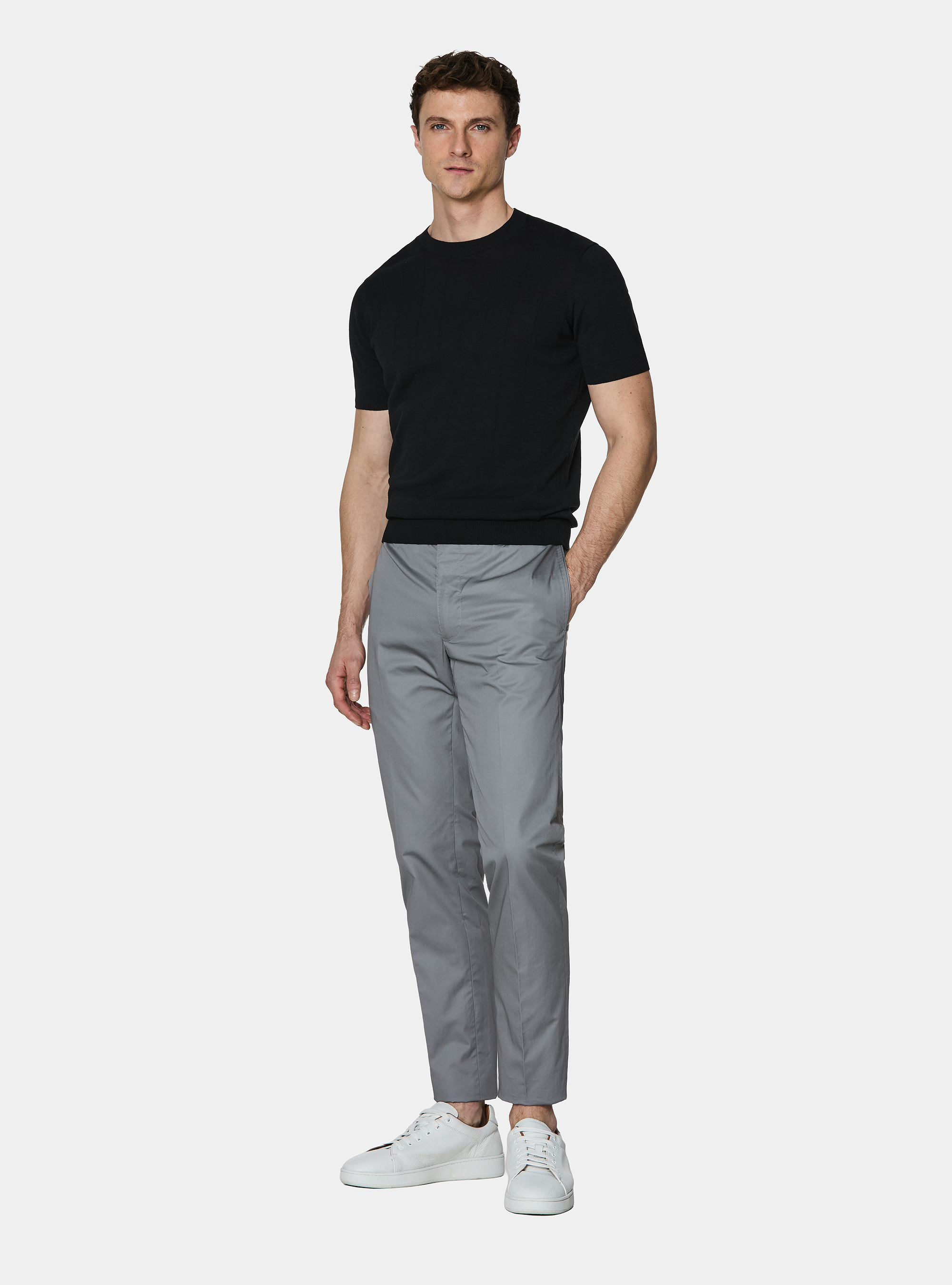 Pure cotton flat-ribbed sweater, BLACK