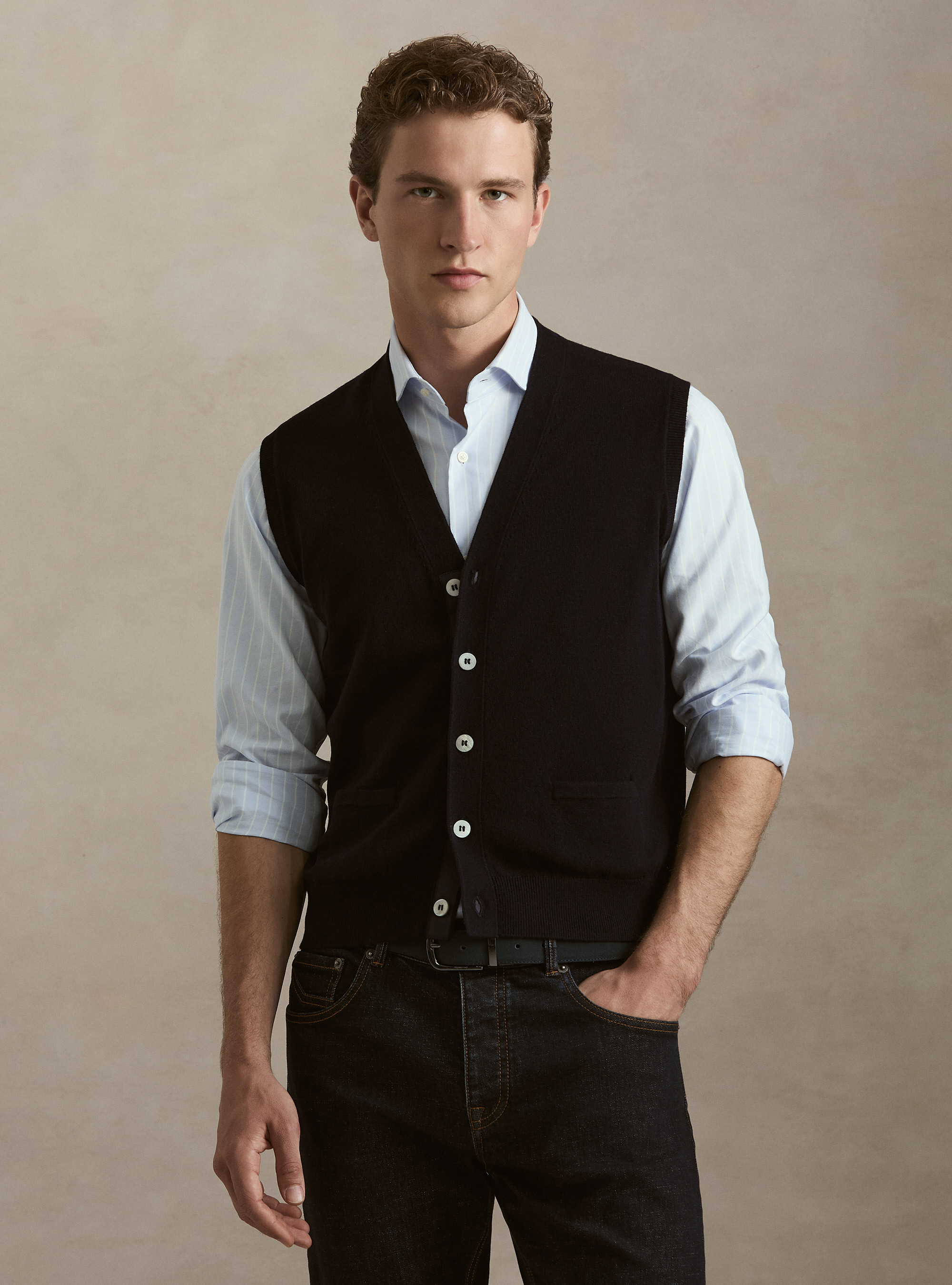 Gilet con bottoni in maglia misto lana, BLU NAVY