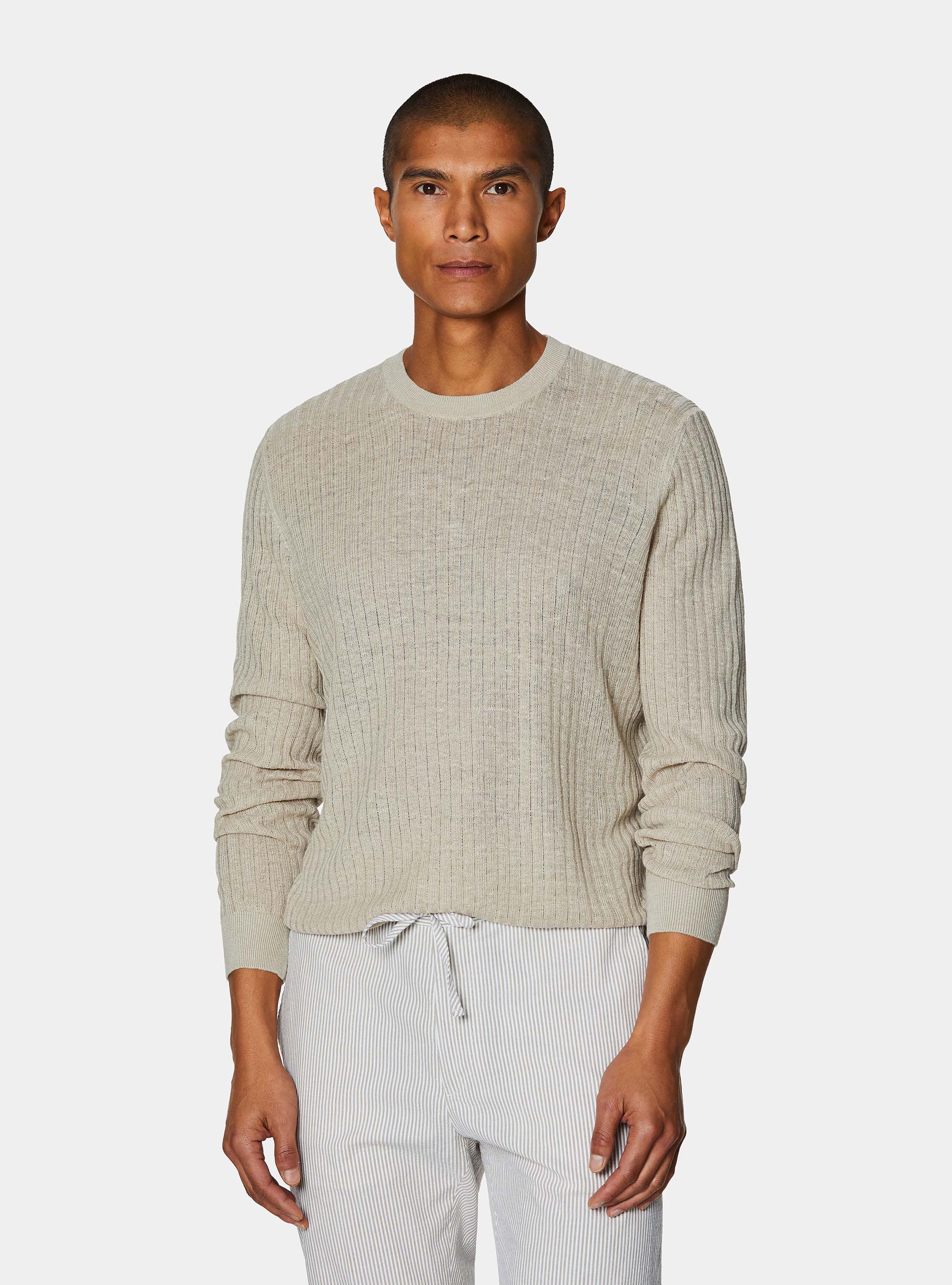 Pure linen ribbed crew neck sweater, SAND