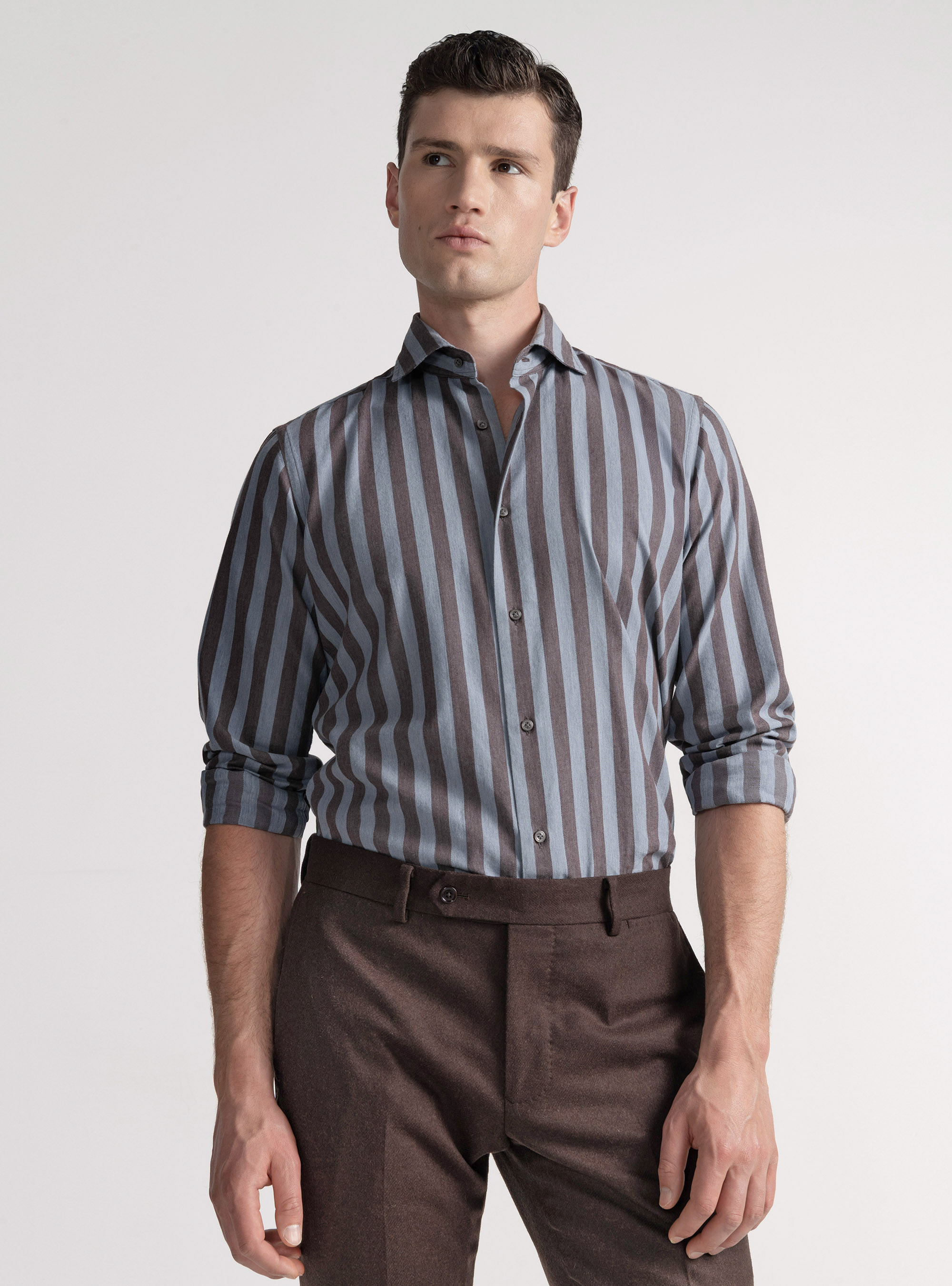 Camicia rigata in flanella di misto cotone, MARRONE