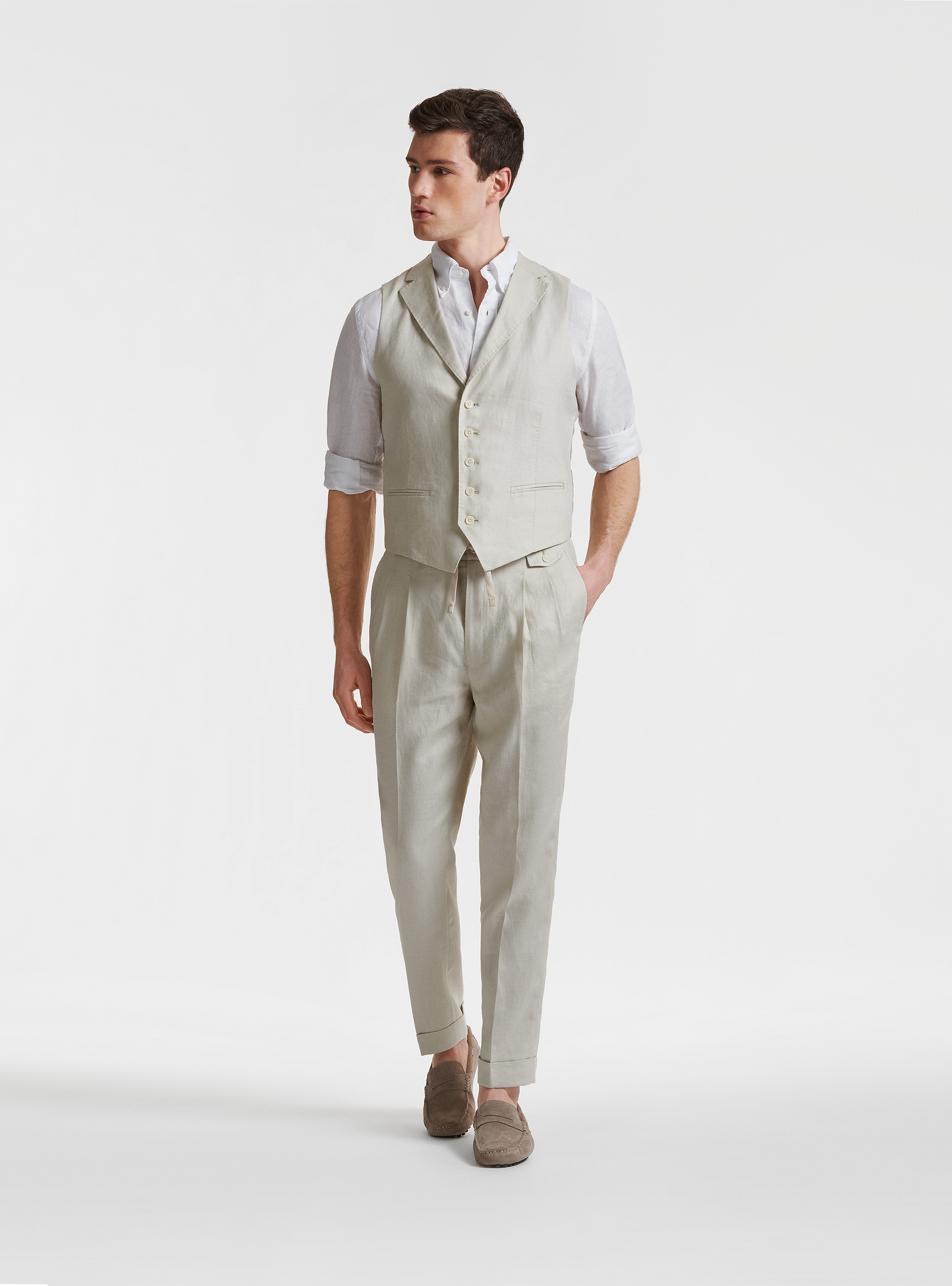 Pure linen single-breasted waistcoat with lapels, ECRU